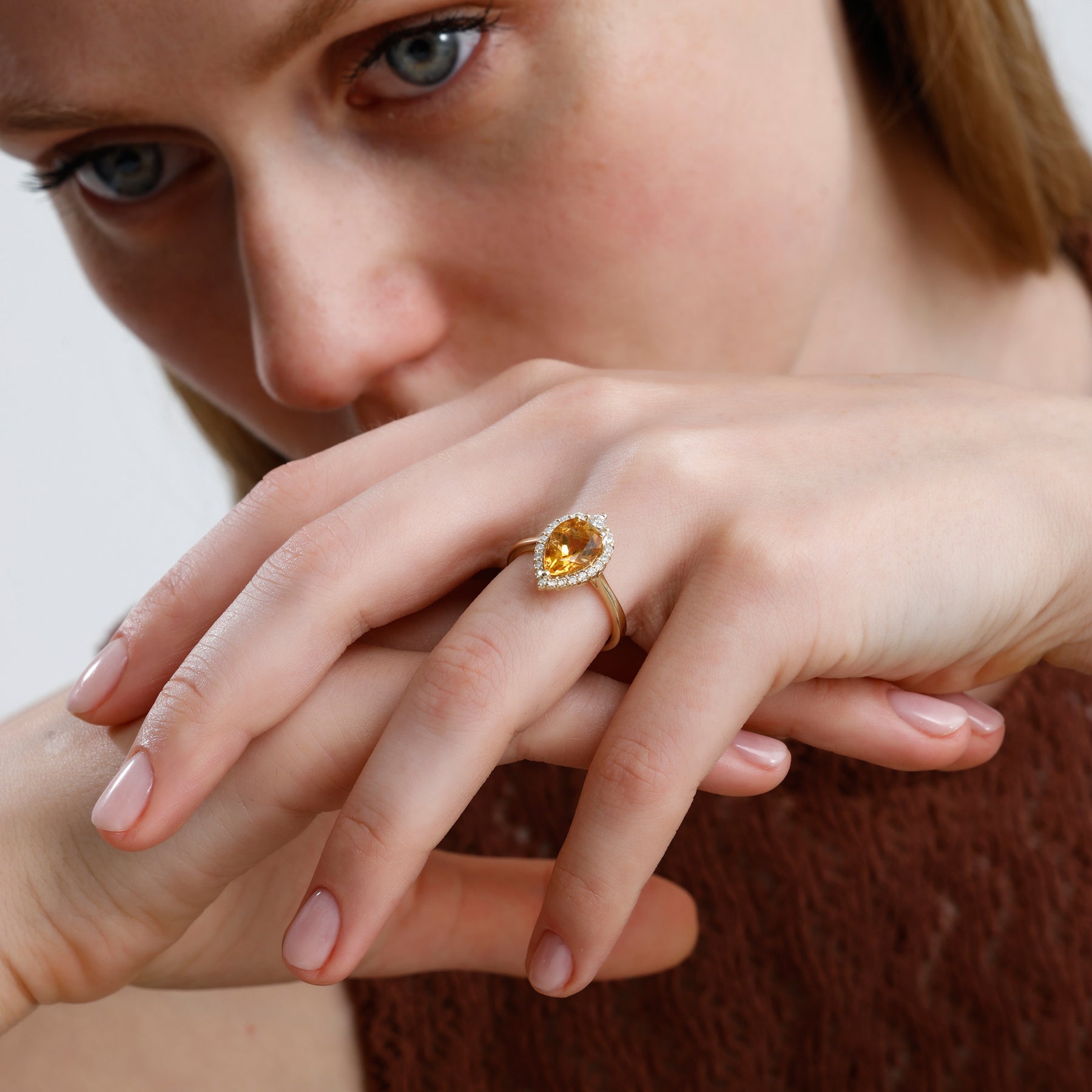 14K Solid Gold Pear Cut Citrine & Natural Diamond Halo Engagement Ring – Cavira