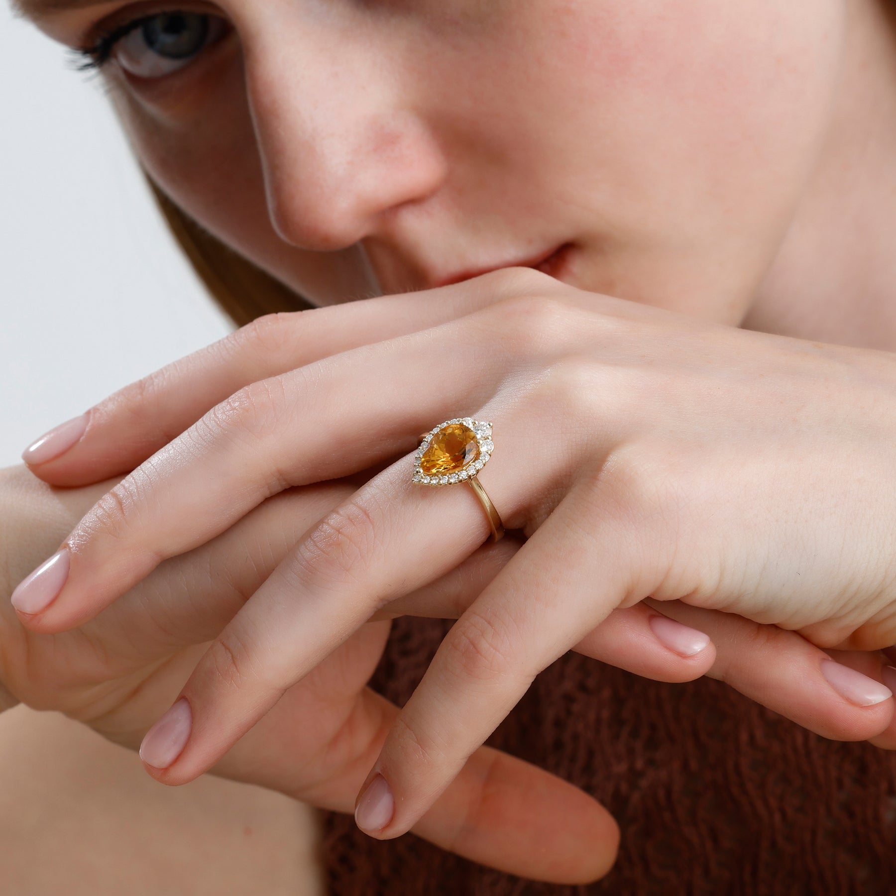 14K Solid Gold Pear Cut Citrine & Natural Diamond Halo Engagement Ring – Cavira