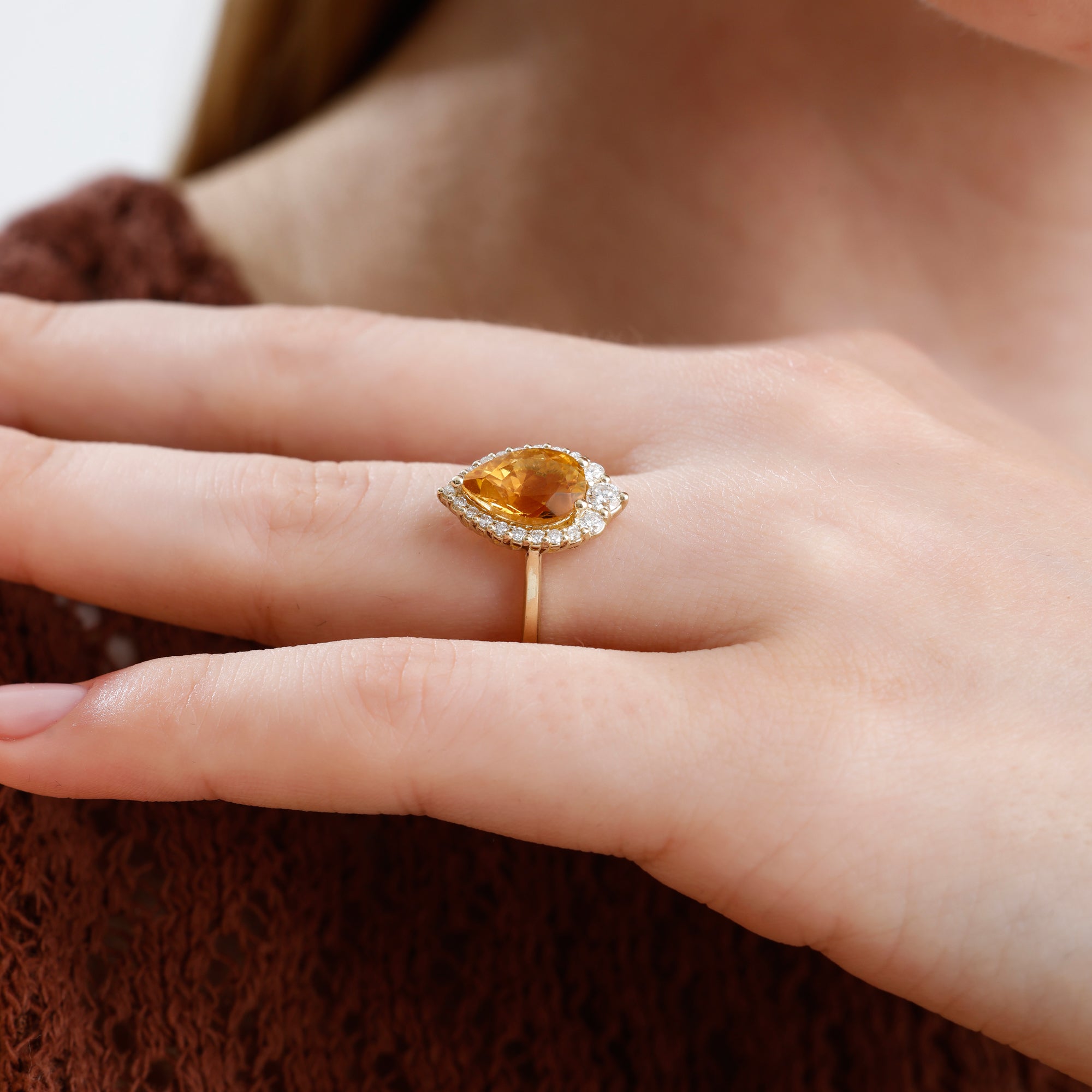 14K Solid Gold Pear Cut Citrine & Natural Diamond Halo Engagement Ring – Cavira