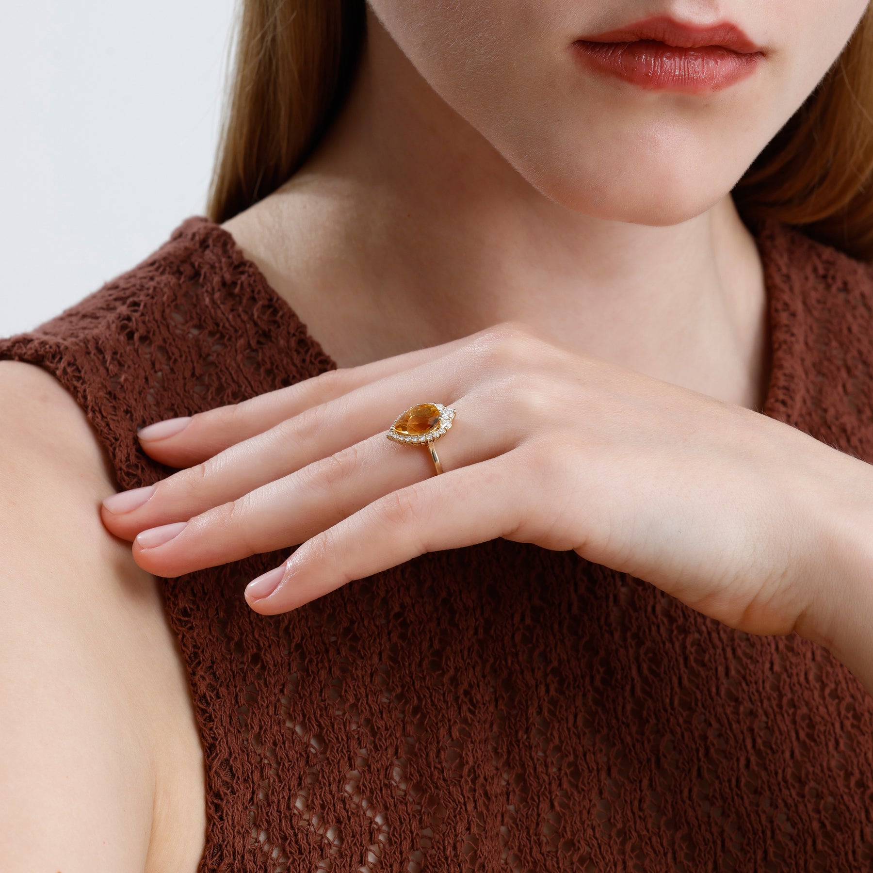 14K Solid Gold Pear Cut Citrine & Natural Diamond Halo Engagement Ring – Cavira