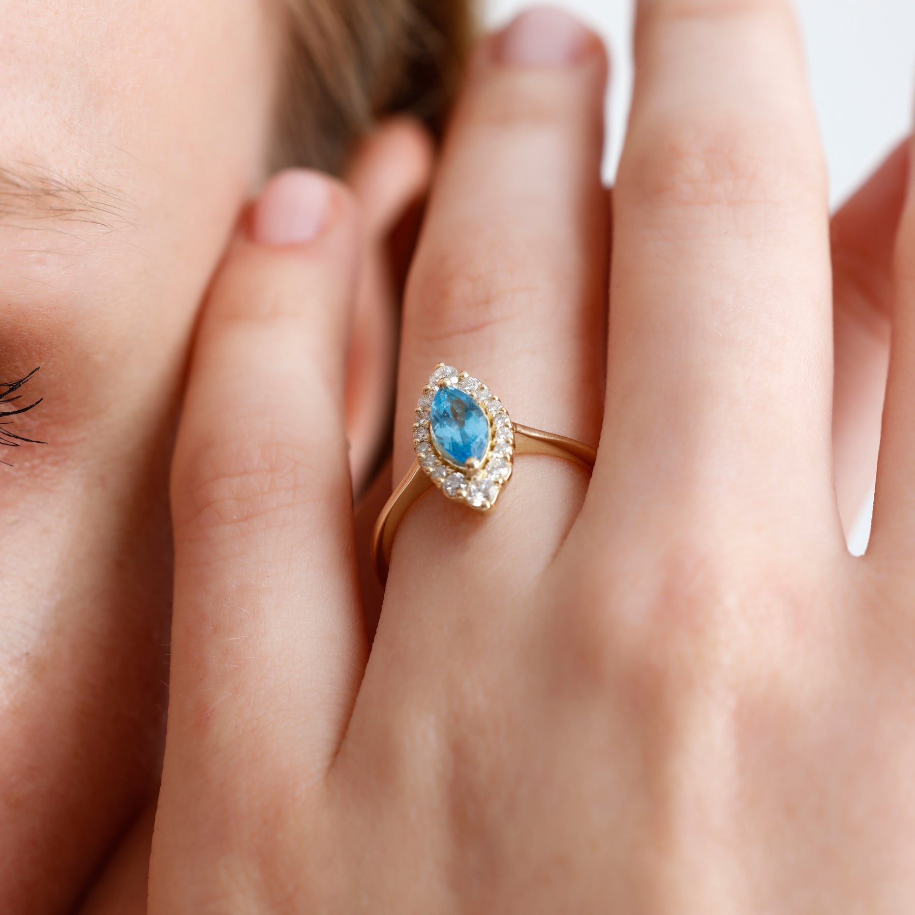 14K Solid Gold Marquise Sky Blue Topaz & Natural Diamond Halo Ring – Azmira