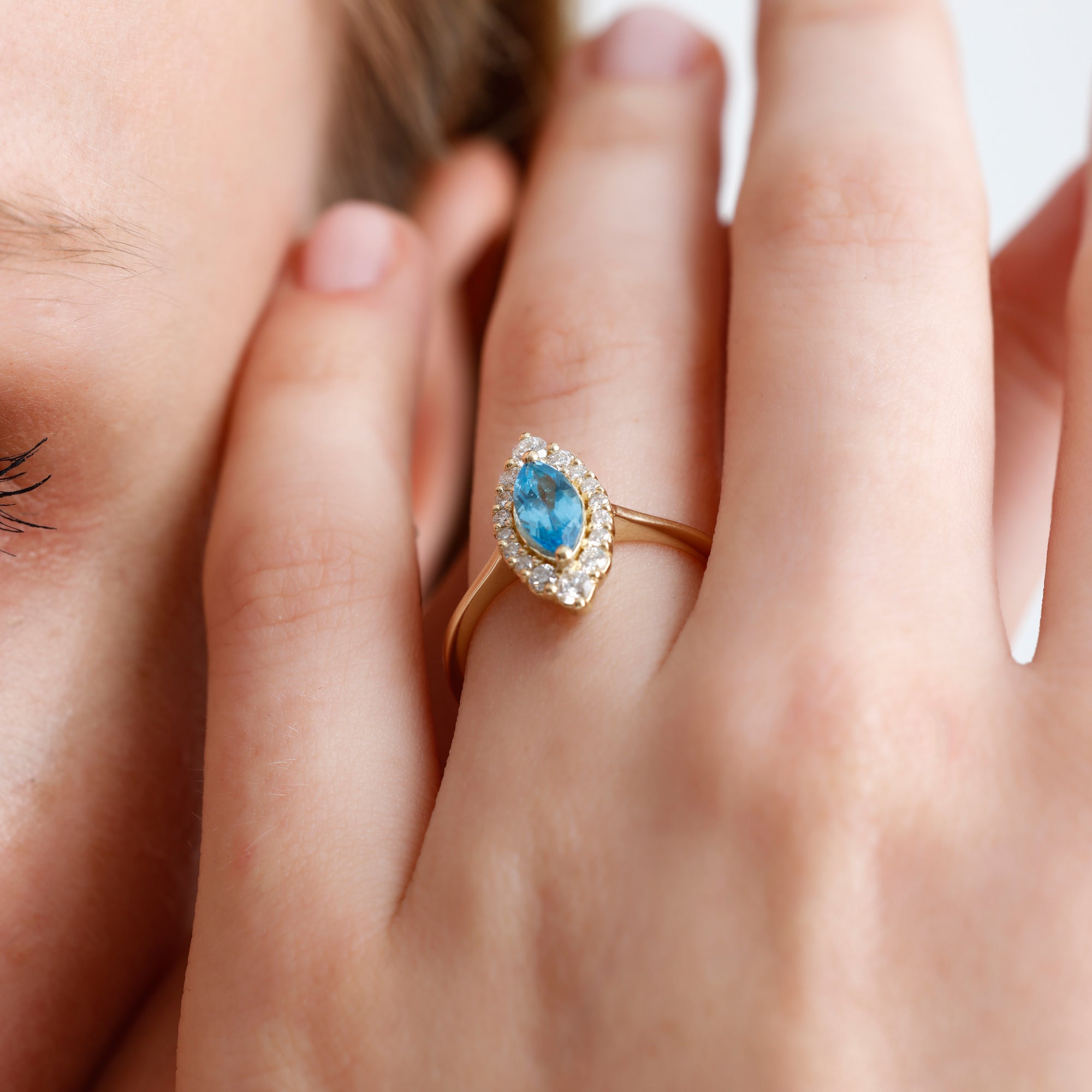 14K Solid Gold Marquise Sky Blue Topaz & Natural Diamond Halo Ring – Azmira