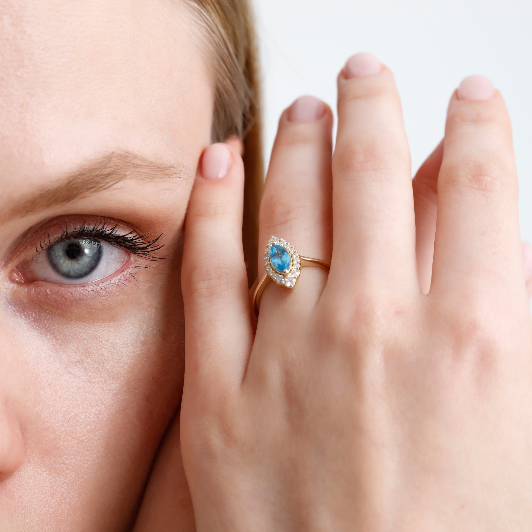 14K Solid Gold Marquise Sky Blue Topaz & Natural Diamond Halo Ring – Azmira