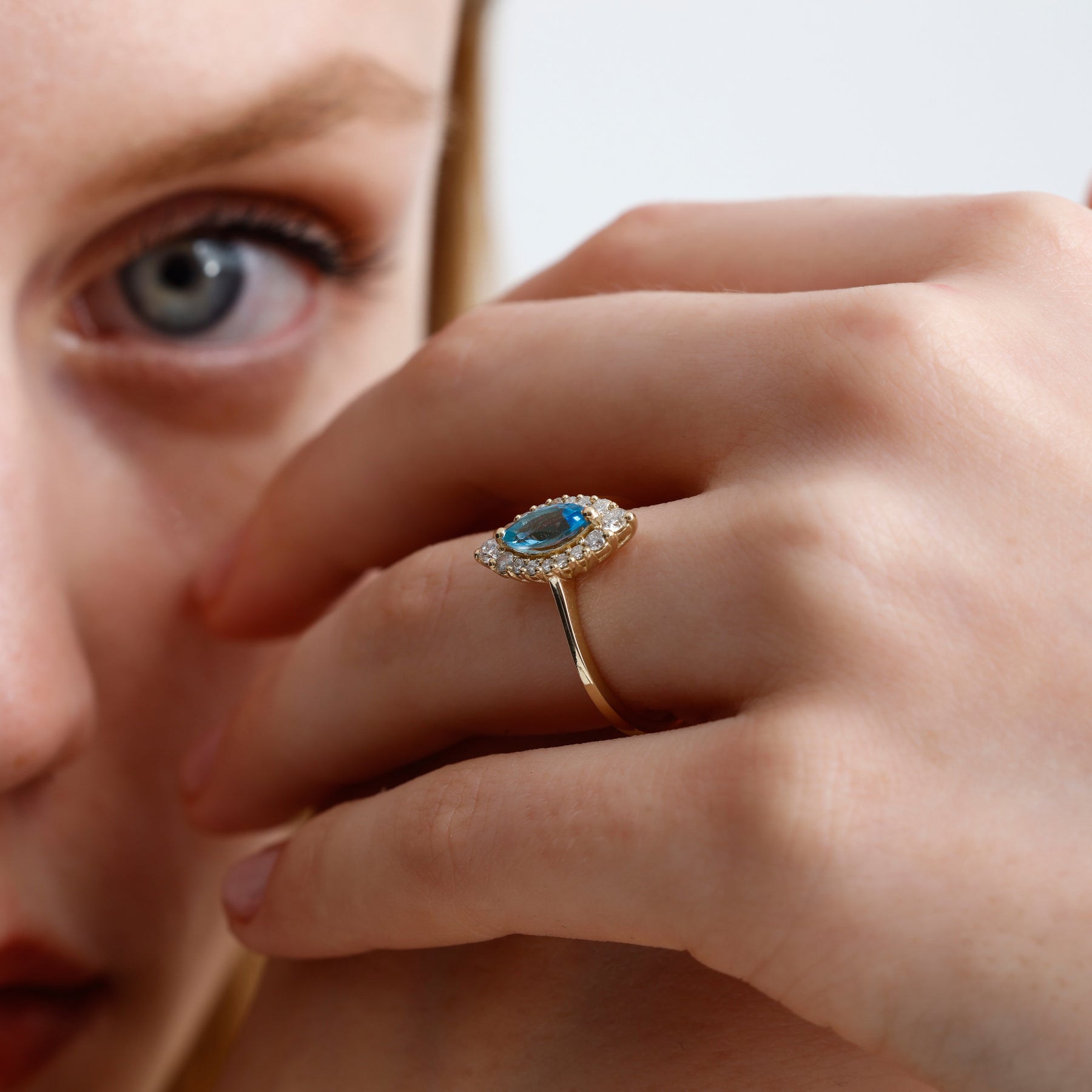 14K Solid Gold Marquise Sky Blue Topaz & Natural Diamond Halo Ring – Azmira