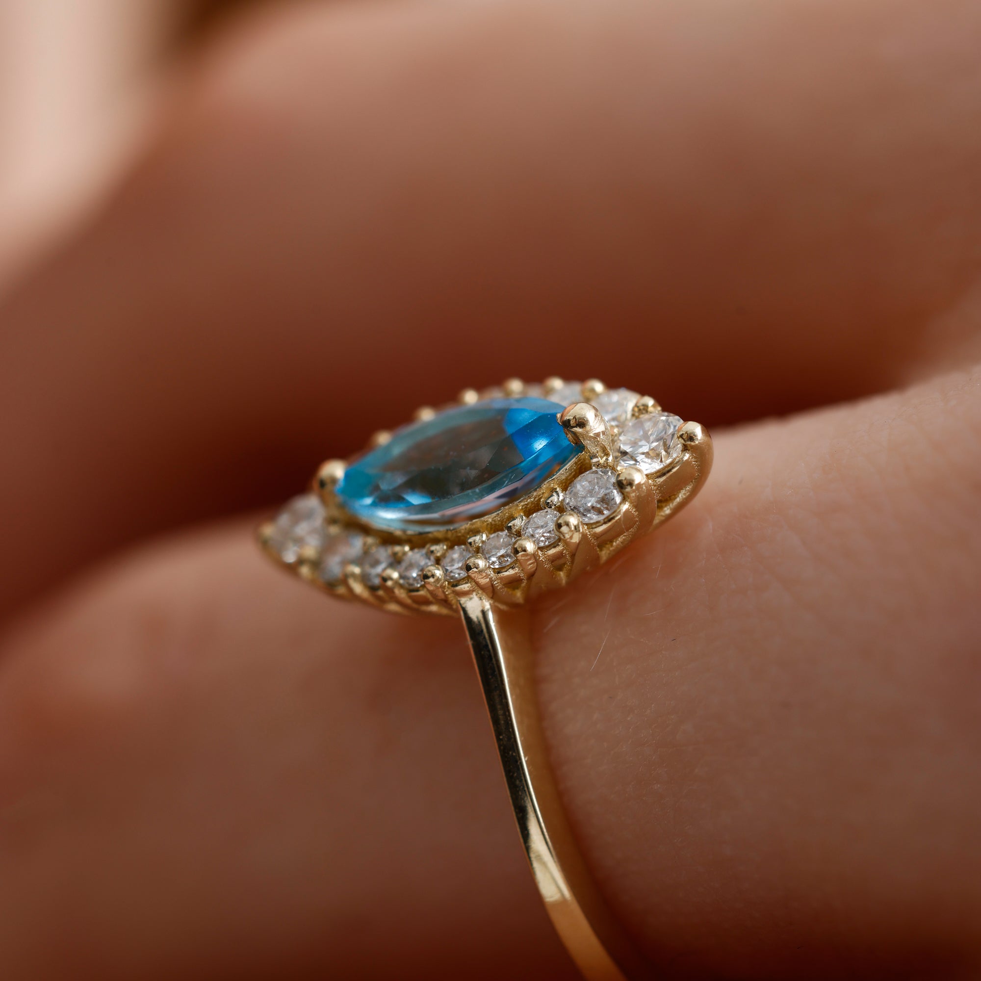 14K Solid Gold Marquise Sky Blue Topaz & Natural Diamond Halo Ring – Azmira
