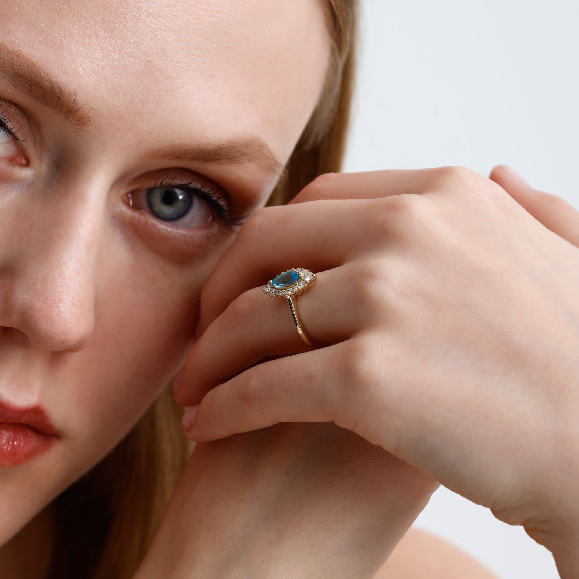 14K Solid Gold Marquise Sky Blue Topaz & Natural Diamond Halo Ring – Azmira