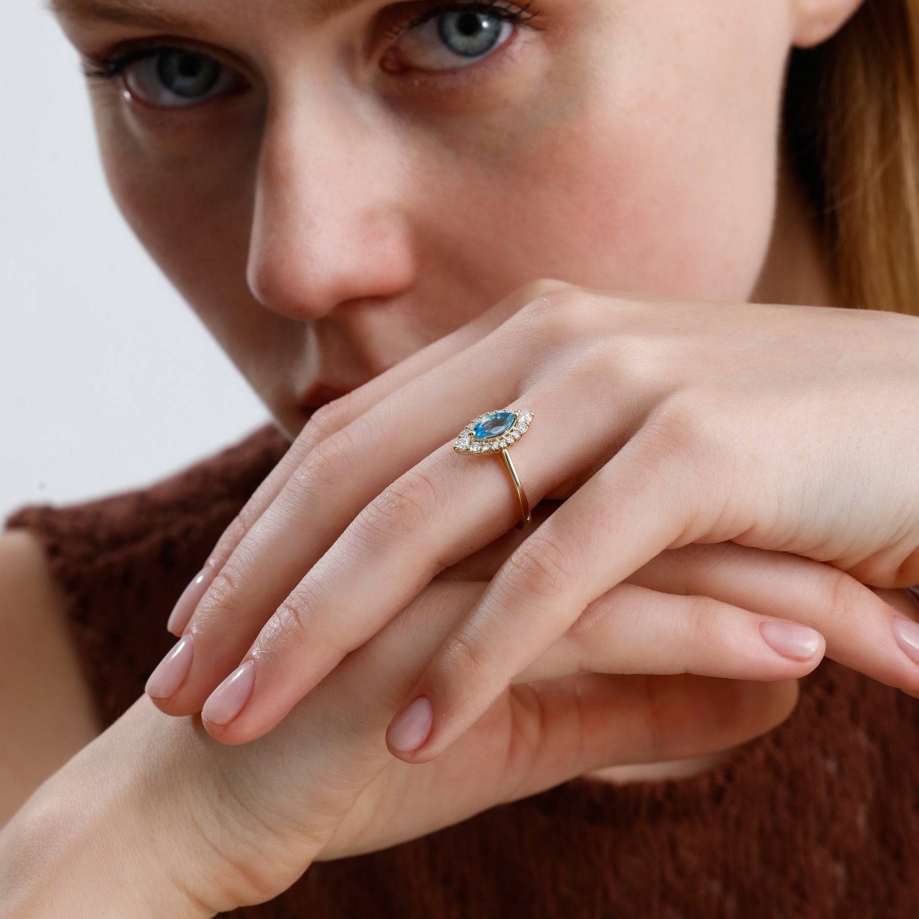 14K Solid Gold Marquise Sky Blue Topaz & Natural Diamond Halo Ring – Azmira