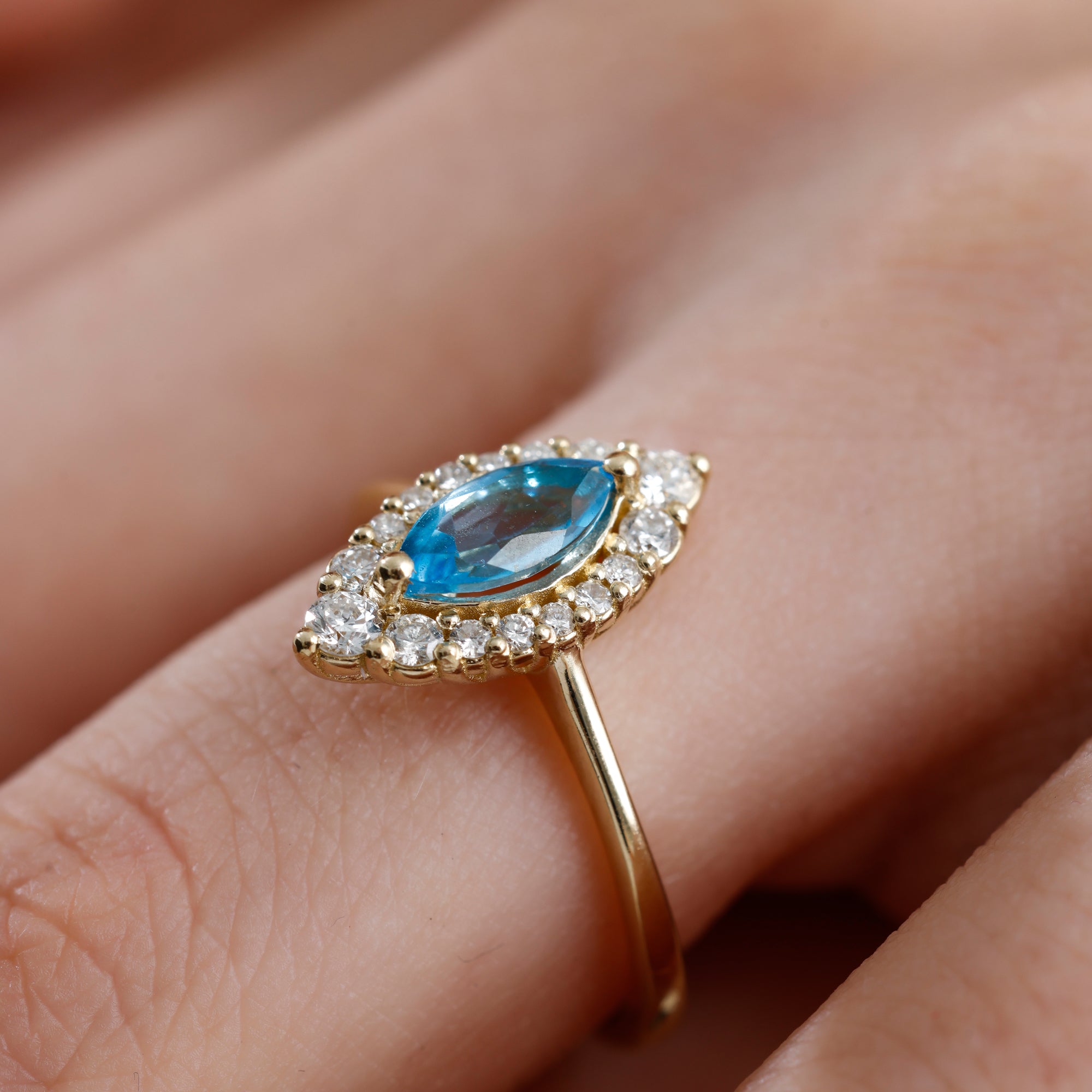 14K Solid Gold Marquise Sky Blue Topaz & Natural Diamond Halo Ring – Azmira