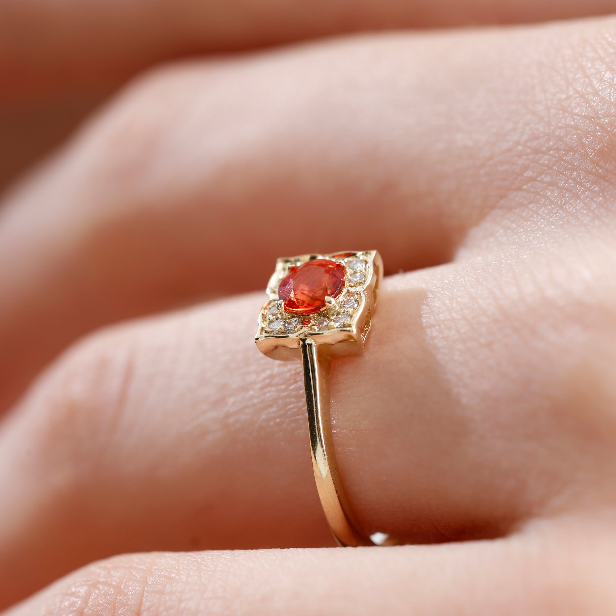 14K Solid Gold Oval Orange Sapphire & Natural Diamond Cluster Engagement Ring – Zarell