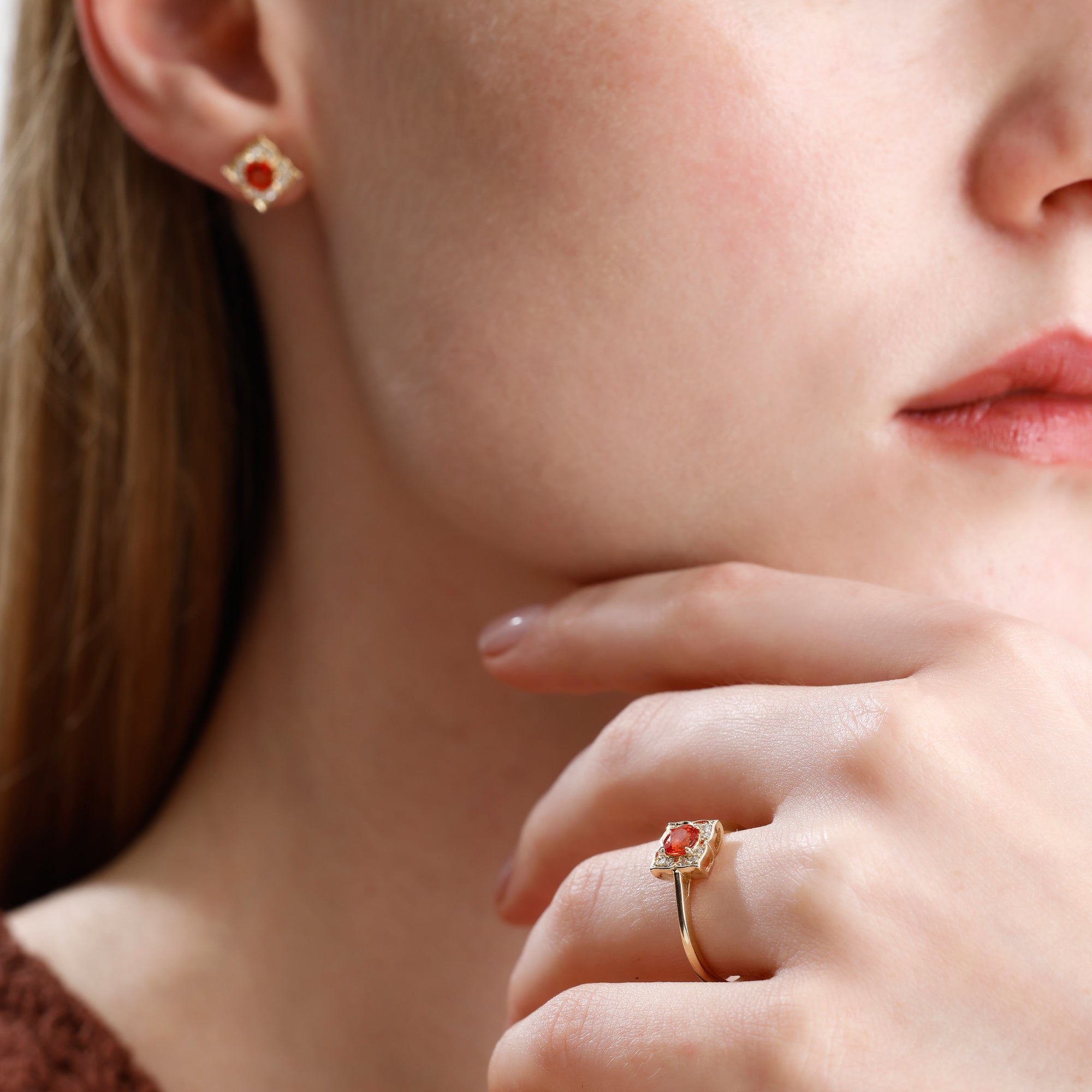 14K Solid Gold Oval Orange Sapphire & Natural Diamond Cluster Engagement Ring – Zarell