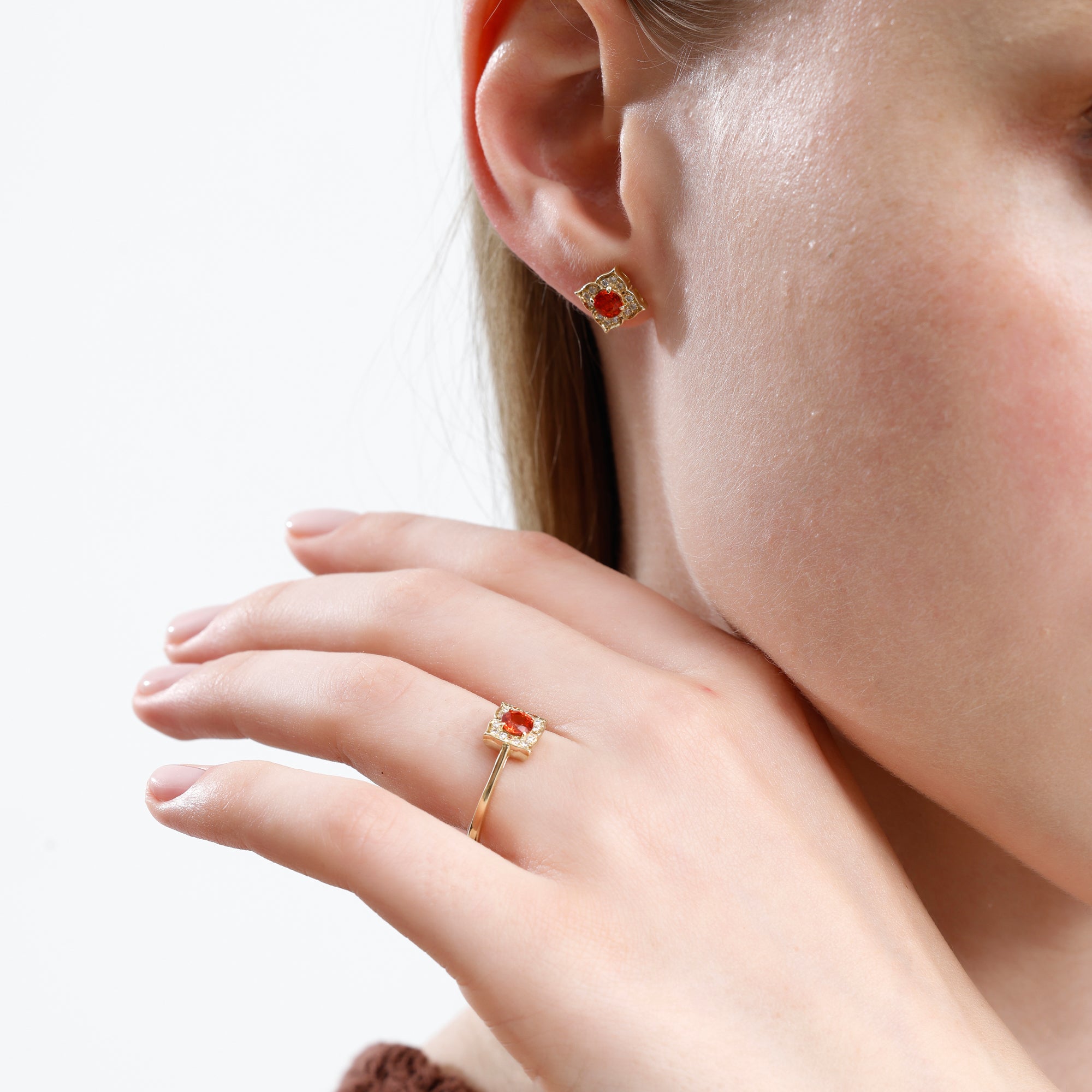 14K Solid Gold Oval Orange Sapphire & Natural Diamond Cluster Engagement Ring – Zarell