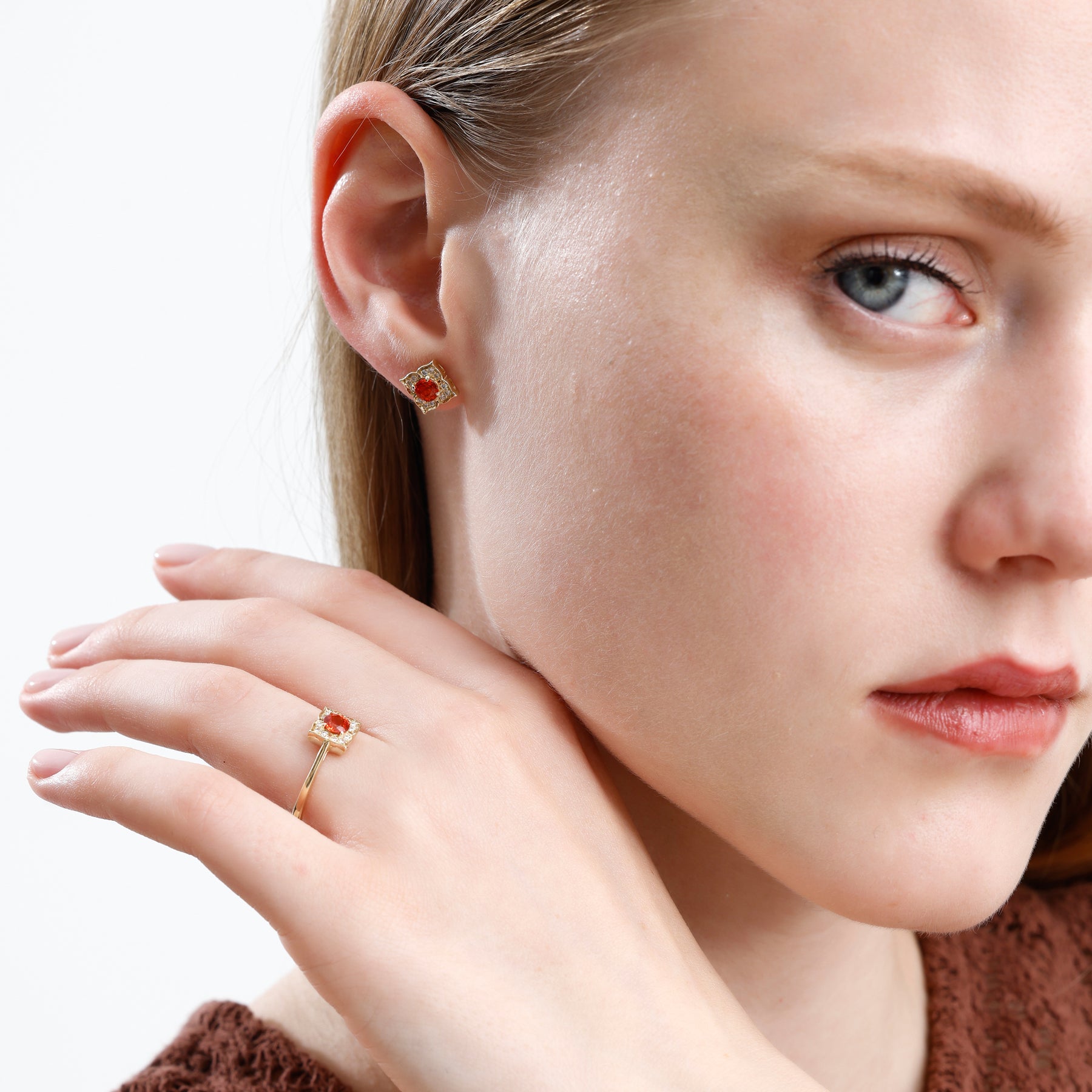 14K Solid Gold Oval Orange Sapphire & Natural Diamond Cluster Engagement Ring – Zarell