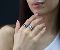 14K Gold Multicolor Enamel Rings for Woman/ Gold Enamel Colored Stack Rings/ Colourful Enamel Band/ Birthday Gifts/ The Mom/ Gift for Her