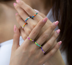 14K Gold Multicolor Enamel Rings for Woman/ Gold Enamel Colored Stack Rings/ Colourful Enamel Band/ Birthday Gifts/ The Mom/ Gift for Her