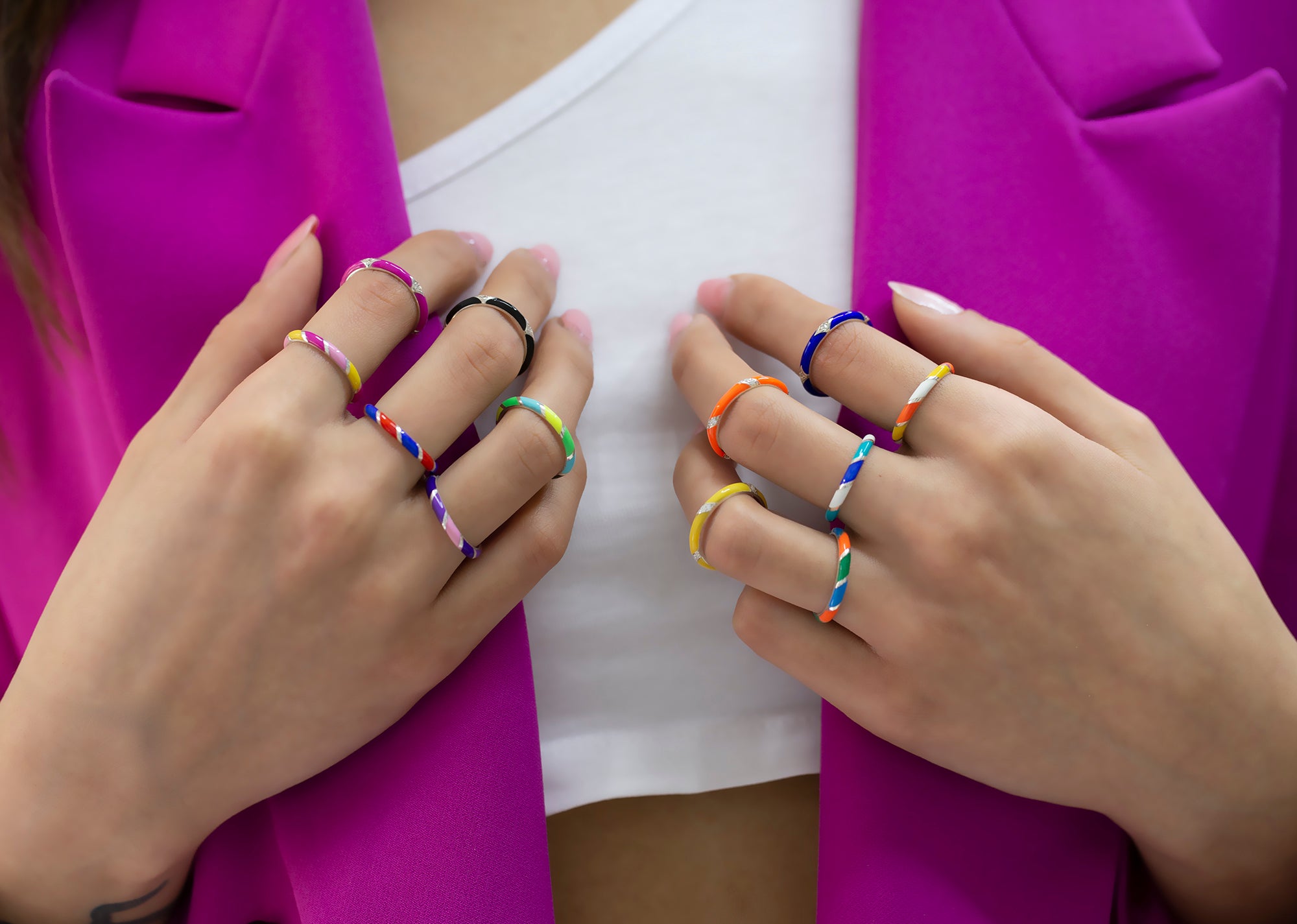 14K Gold Multicolor Enamel Rings for Woman/ Gold Enamel Colored Stack Rings/ Colourful Enamel Band/ Birthday Gifts/ The Mom/ Gift for Her