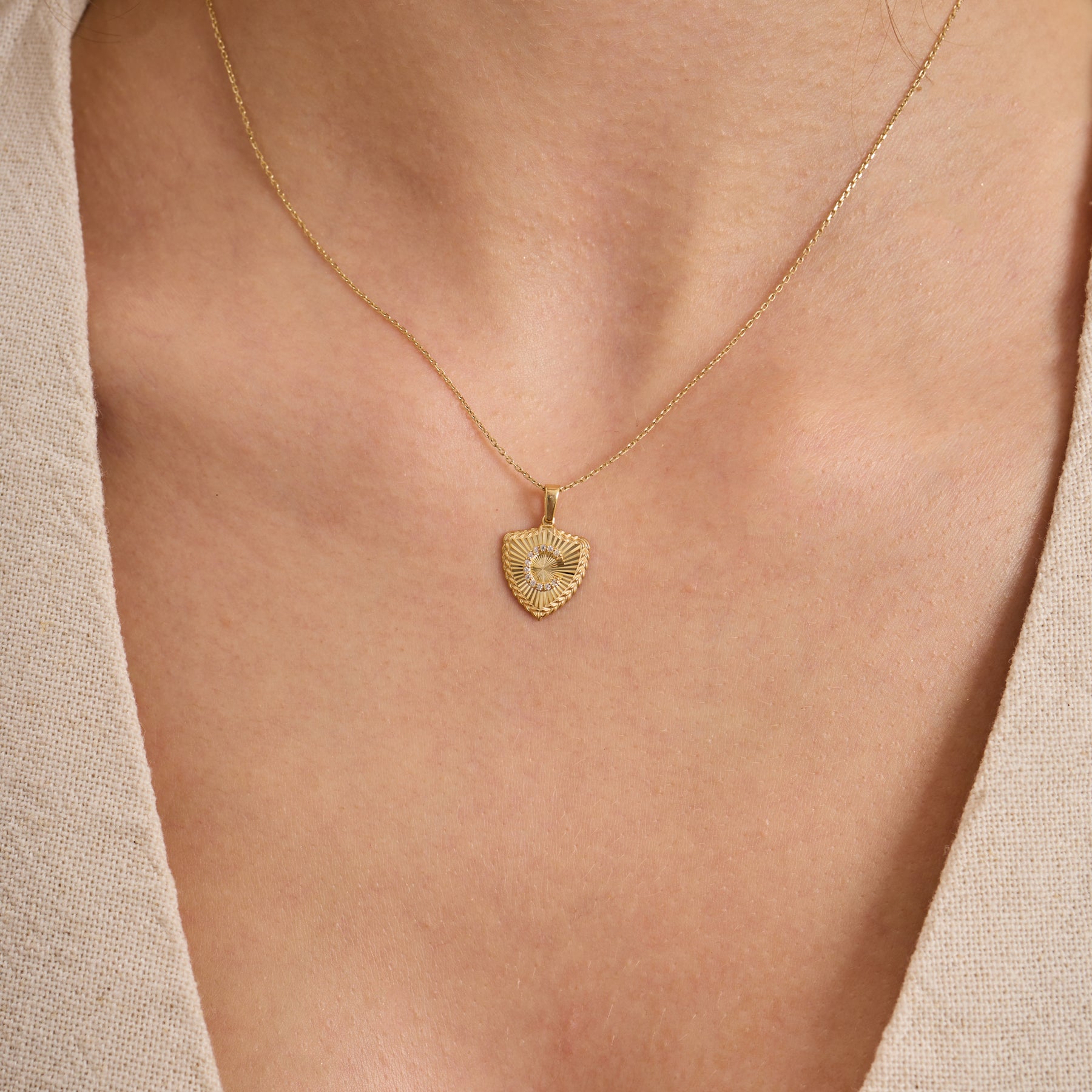14K Gold Fluted Shield Diamond Initial Necklace – Olea