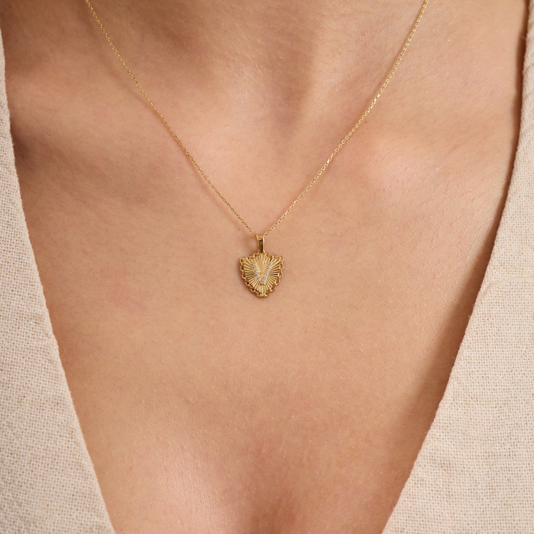14K Gold Fluted Shield Diamond Initial Necklace – Linka
