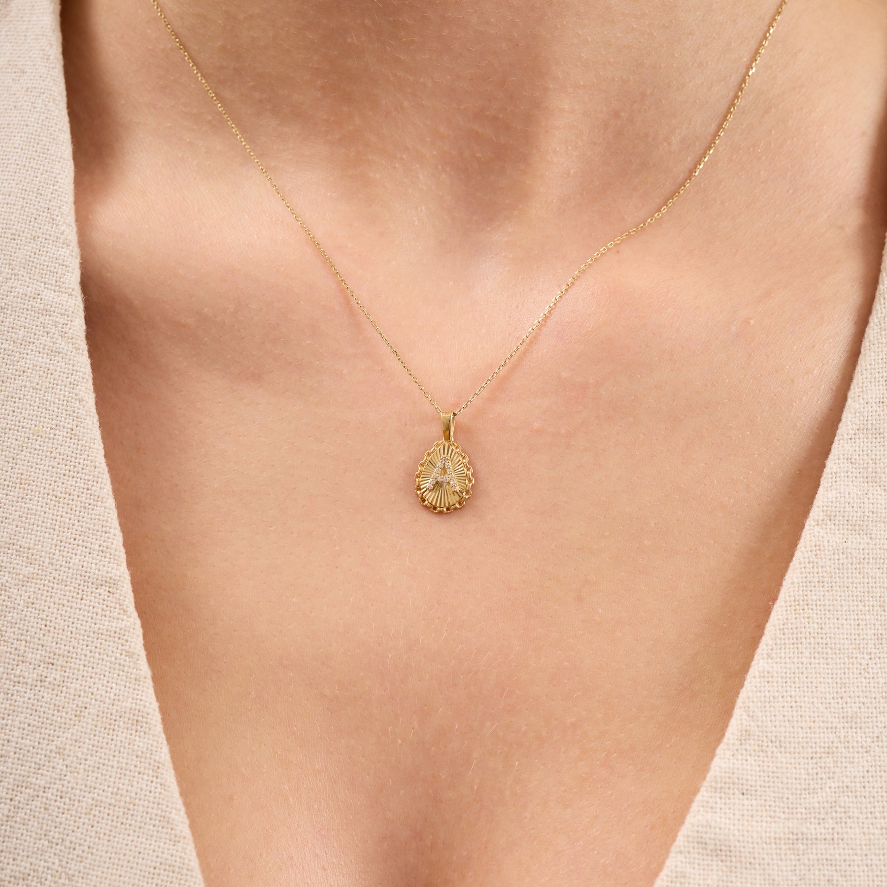 14K Gold Fluted Teardrop Diamond Initial Necklace – Linka