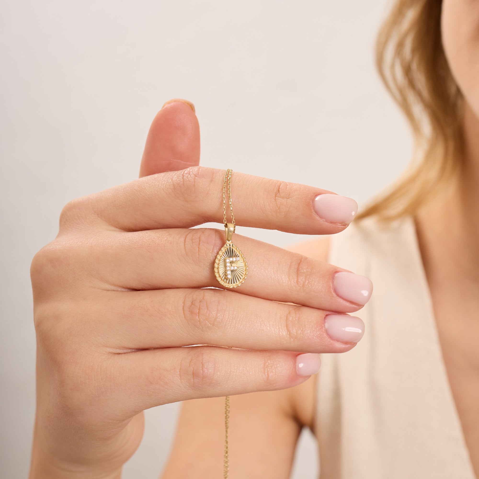 14K Gold Fluted Teardrop Diamond Initial Necklace – Olea