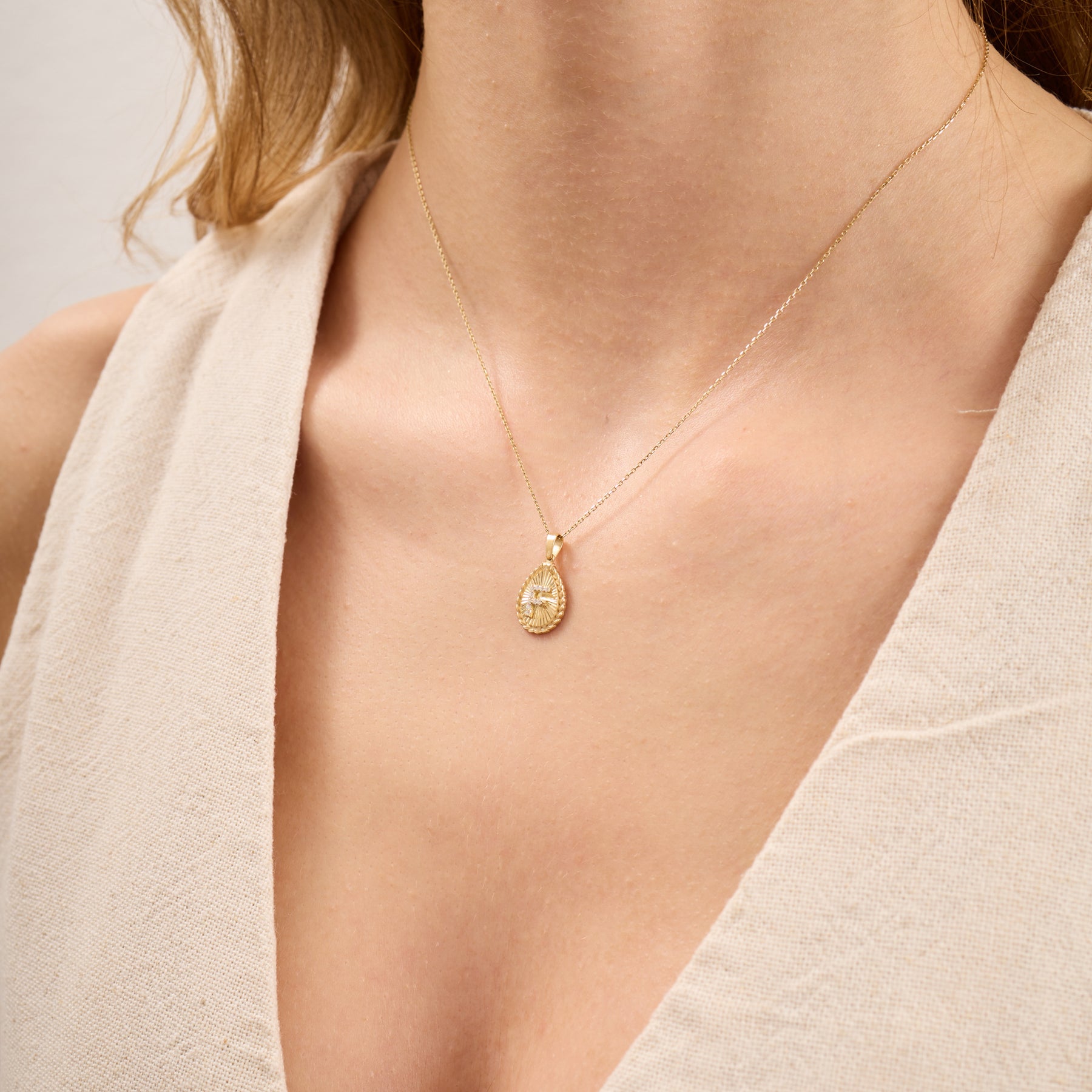14K Gold Fluted Teardrop Diamond Initial Necklace – Olea