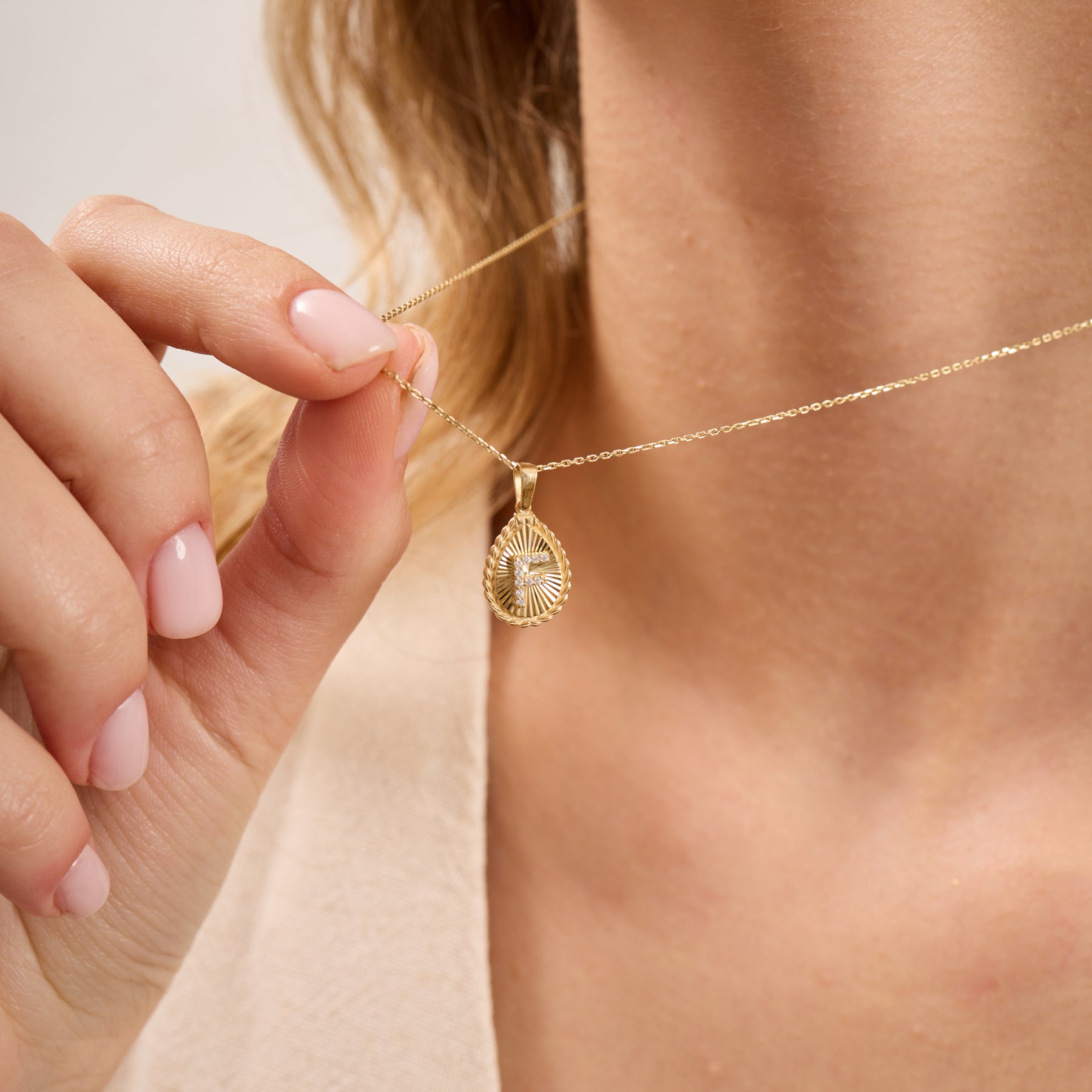 14K Gold Fluted Teardrop Diamond Initial Necklace – Olea