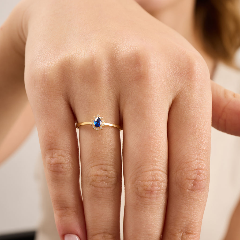 14K Gold Blue Sapphire & Diamond Pear Ring – Astra
