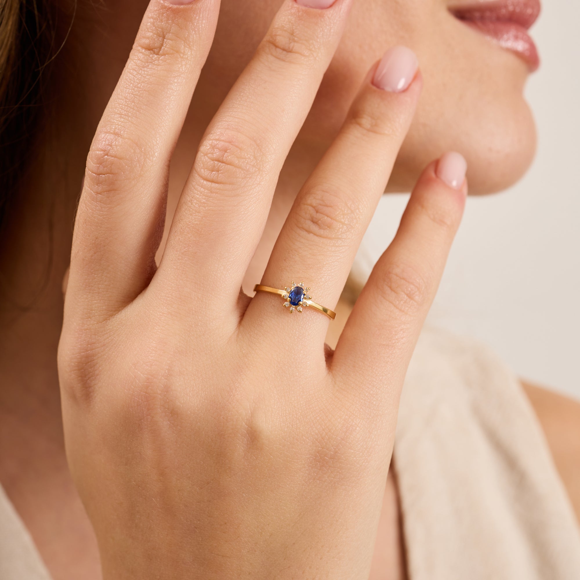 14K Gold Blue Sapphire & Diamond Oval Ring – Astra