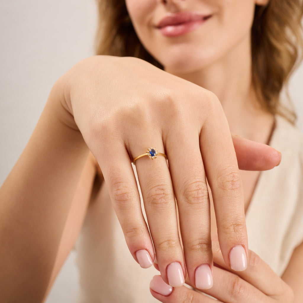 14K Gold Blue Sapphire & Diamond Oval Ring – Astra
