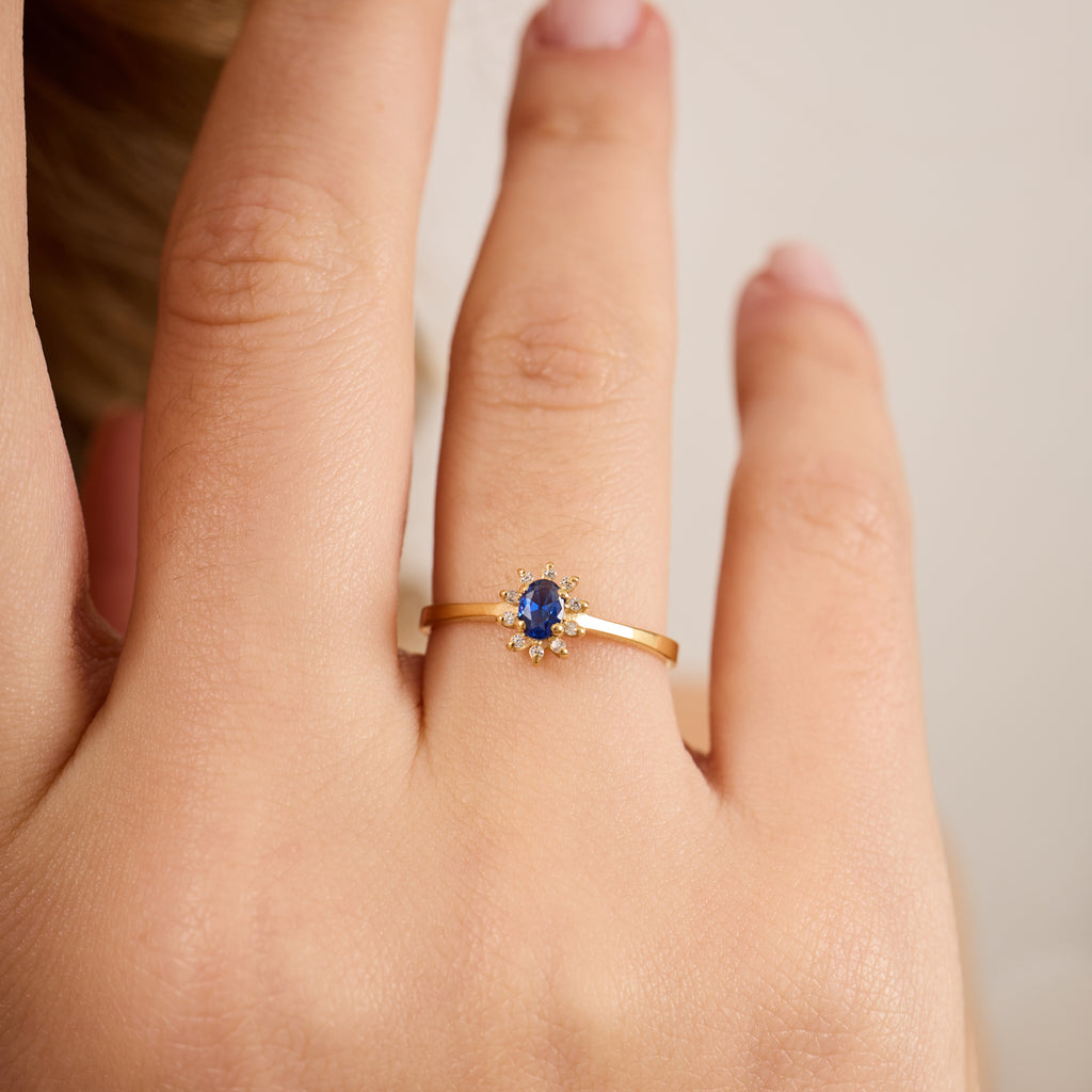 14K Gold Blue Sapphire & Diamond Oval Ring – Astra