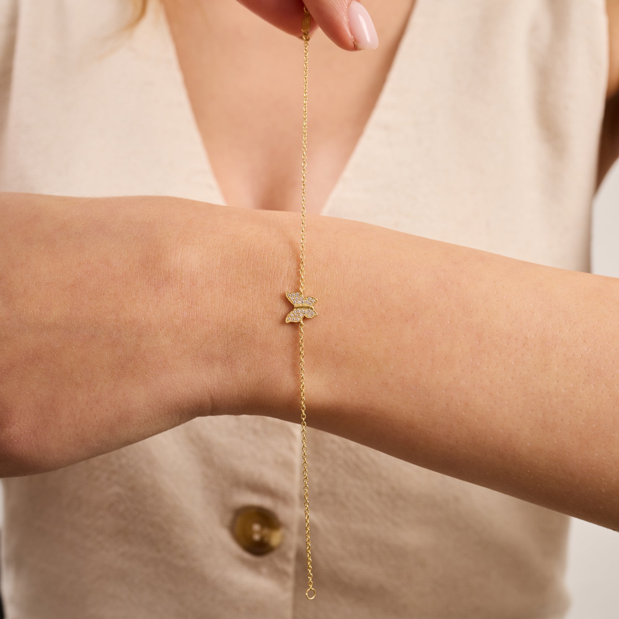 14K Gold Diamond Butterfly Adjustable Chain Bracelet – Aria