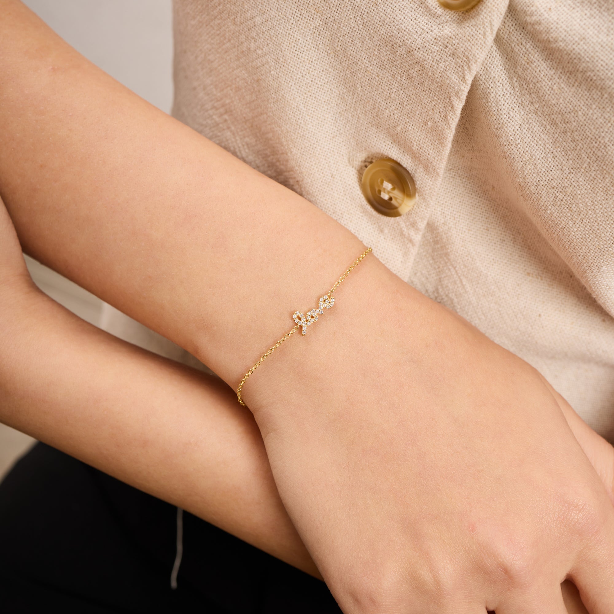 14K Gold Diamond Love Script Chain Bracelet – Rosie