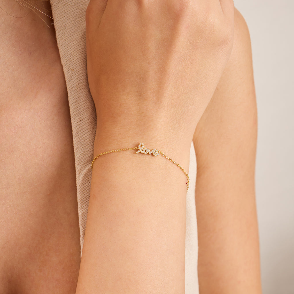14K Gold Diamond Love Script Chain Bracelet – Rosie