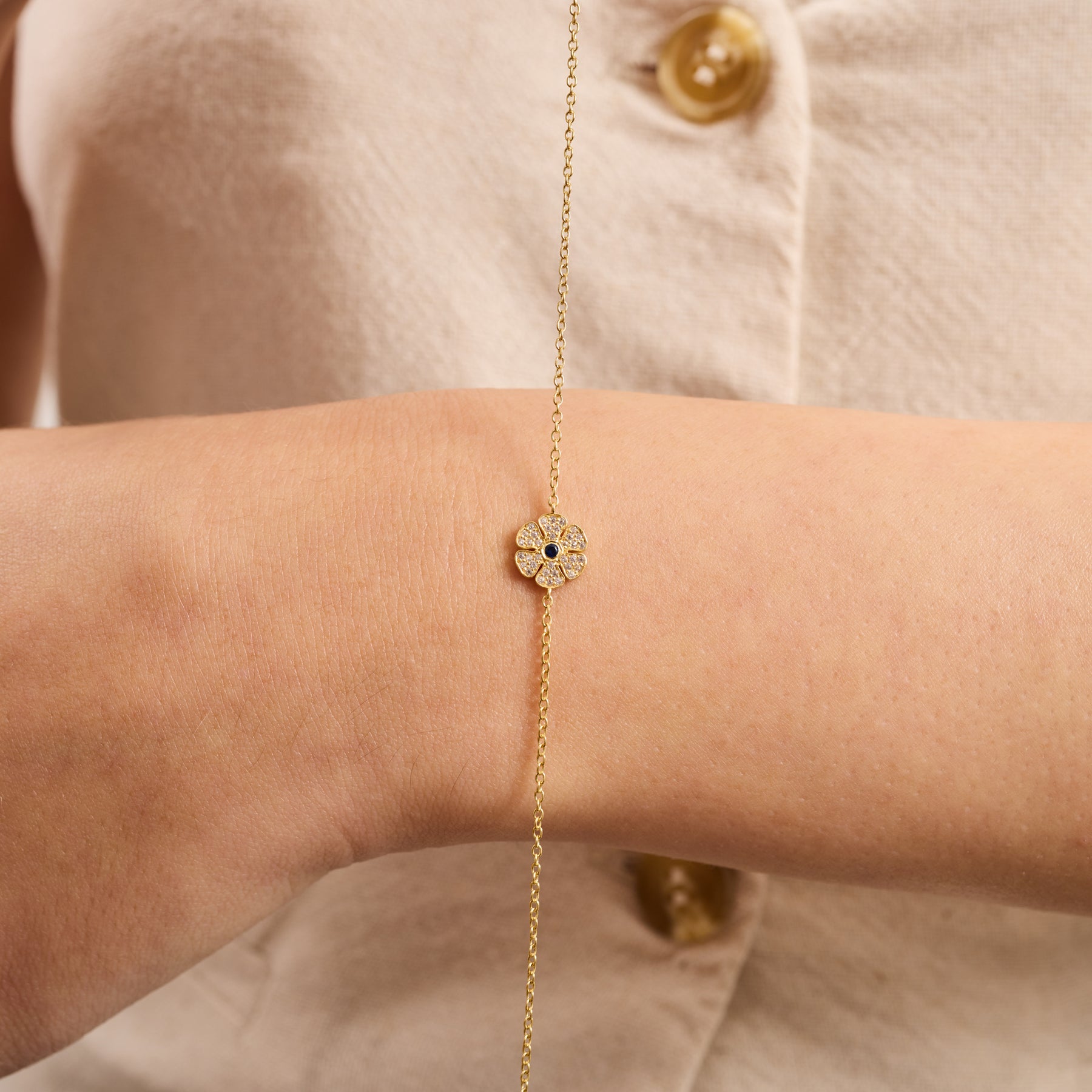 14K Gold Diamond Flower Chain Bracelet – Elina