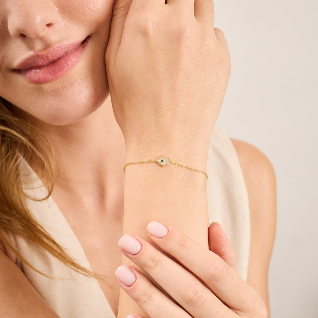 14K Gold Diamond Hamsa Chain Bracelet – Amara