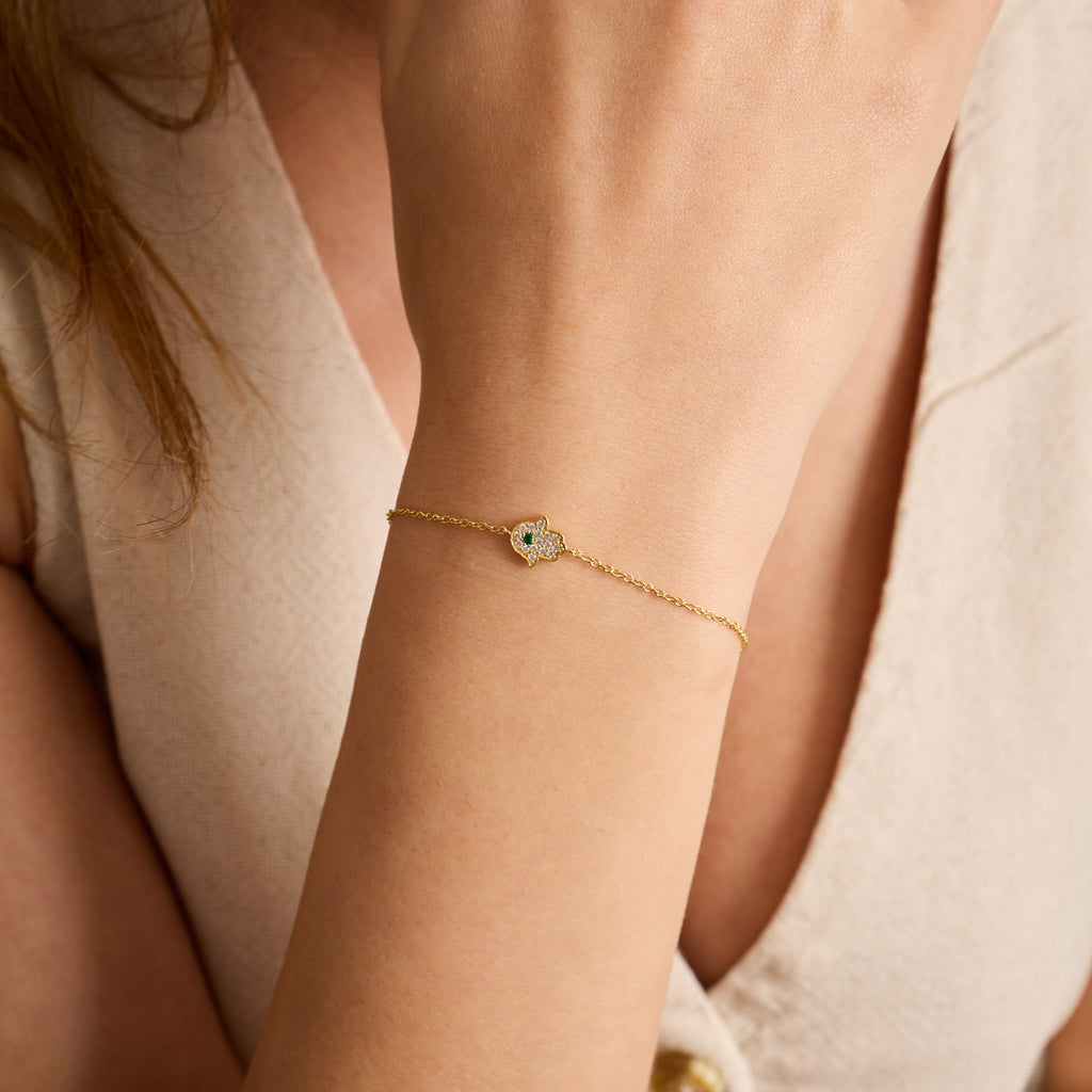 14K Gold Diamond Hamsa Chain Bracelet – Amara