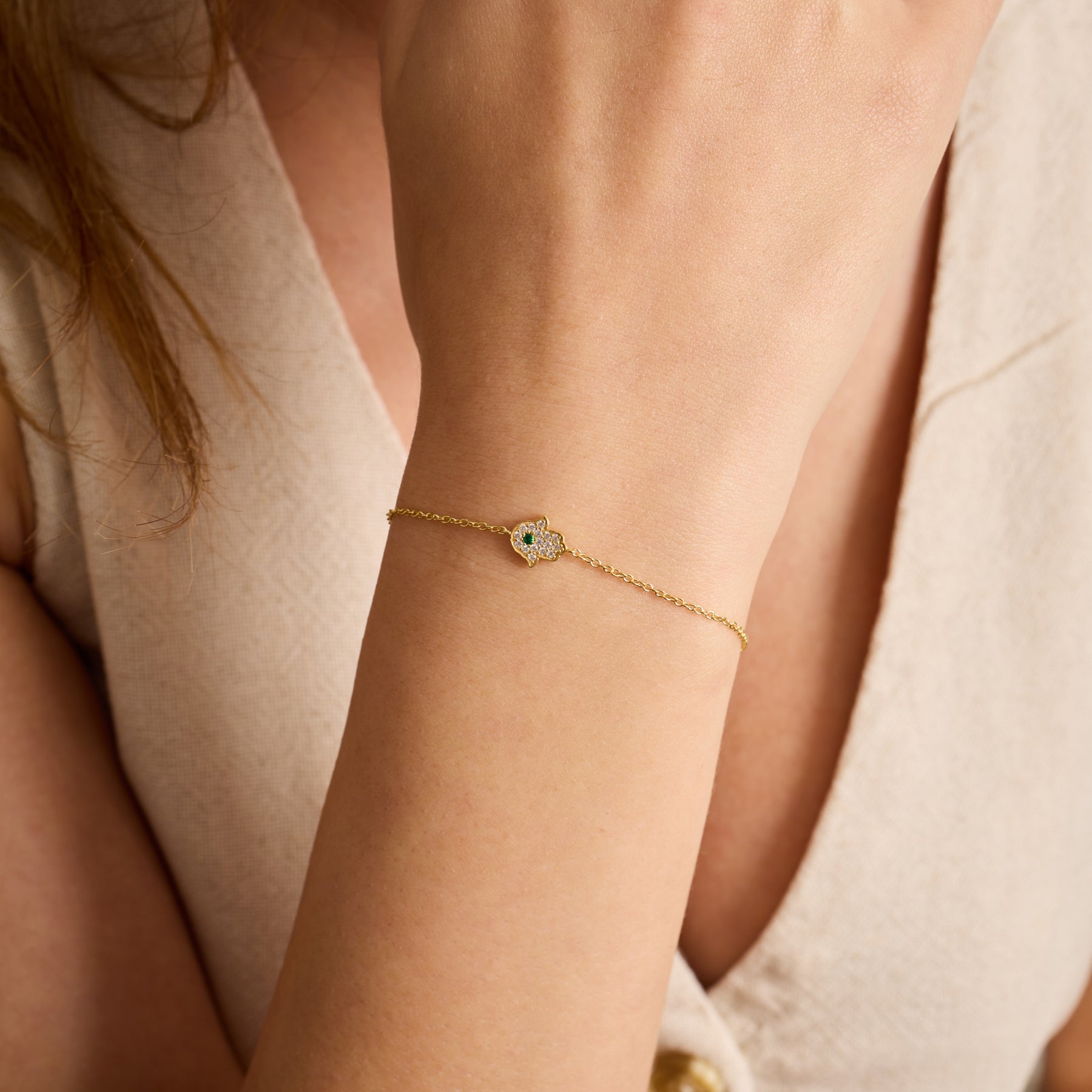 14K Gold Diamond Hamsa Chain Bracelet – Amara