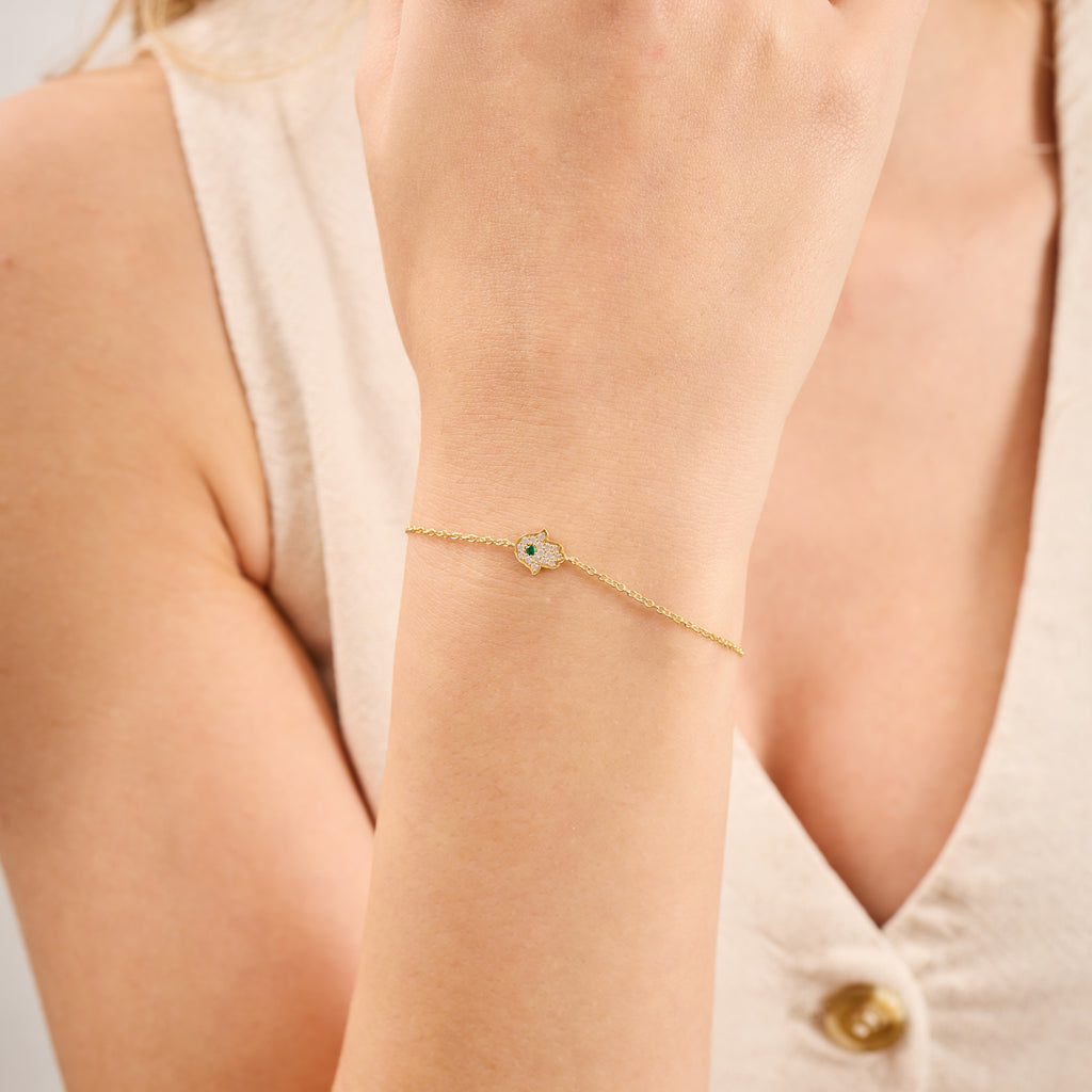 14K Gold Diamond Hamsa Chain Bracelet – Amara