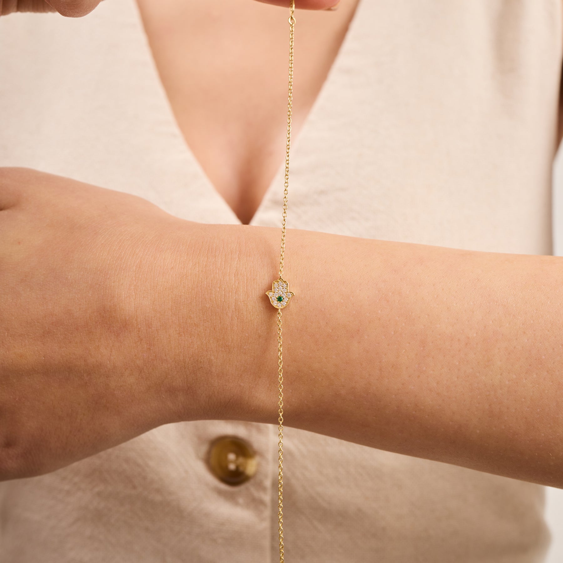 14K Gold Diamond Hamsa Chain Bracelet – Amara