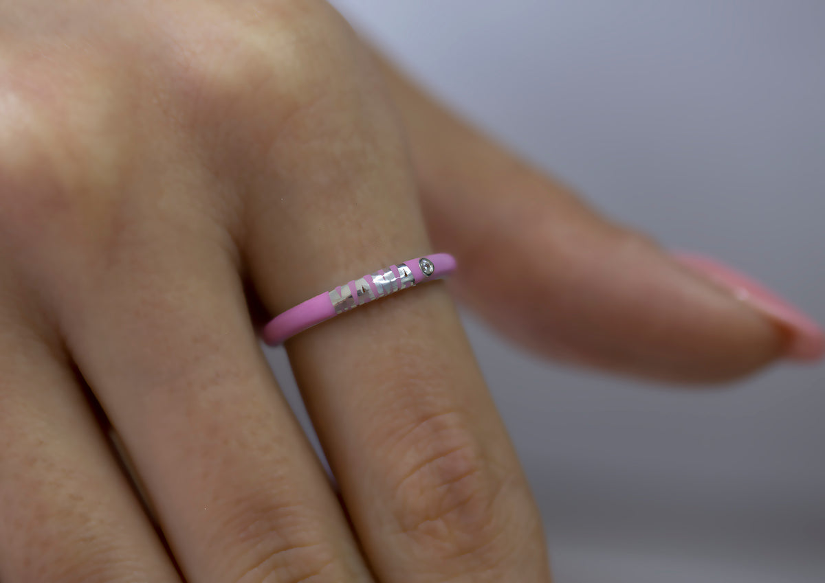 14K Gold Diamond Colourful Enamel Ring/ Gold Personalized Stackable Enamel Rings/ Personalized Name Diamond Enamel Rings/ Gift for Her