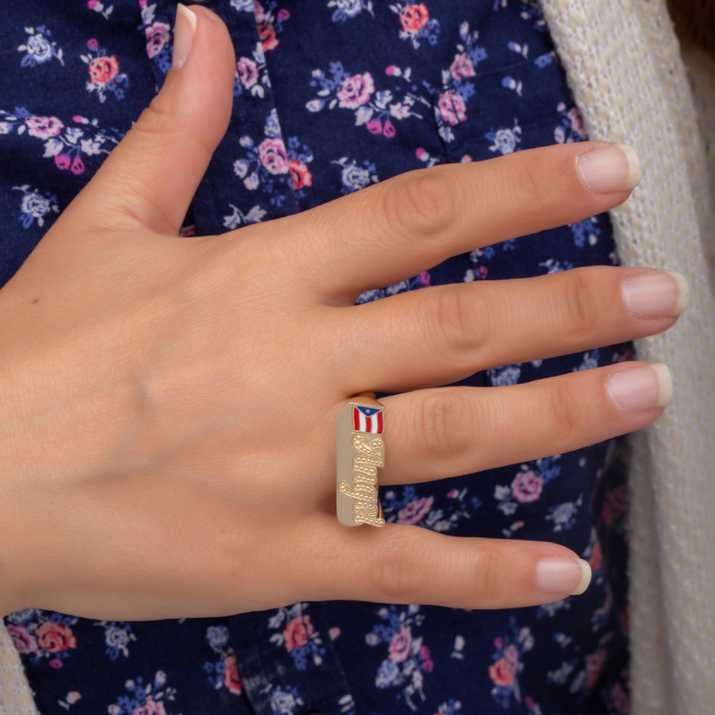 14K Gold Personalized Enamel Name Ring with Flag Detail – Cadence
