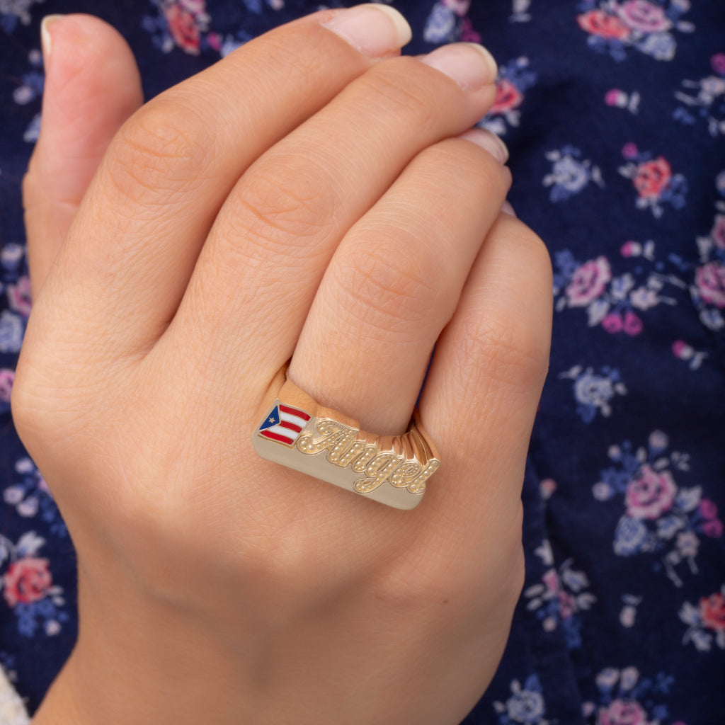 14K Gold Personalized Enamel Name Ring with Flag Detail – Cadence