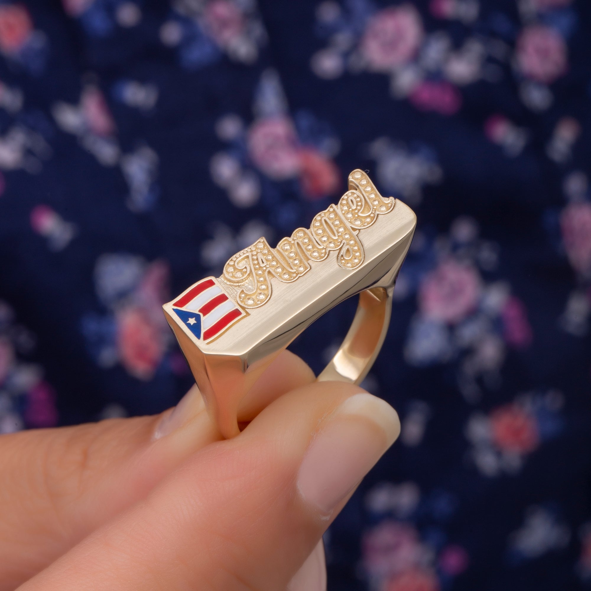 14K Solid Gold Name Ring With Enamel National Flag/ 14K Gold Personalized Name Ring/ Gold Custom Letter Flag Ring/ Personalized Gifts