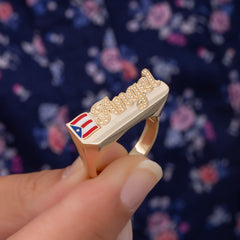 14K Solid Gold Name Ring With Enamel National Flag/ 14K Gold Personalized Name Ring/ Gold Custom Letter Flag Ring/ Personalized Gifts