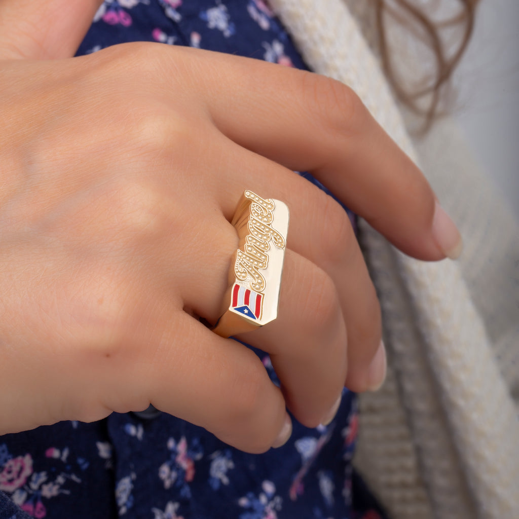 14K Gold Personalized Enamel Name Ring with Flag Detail – Cadence