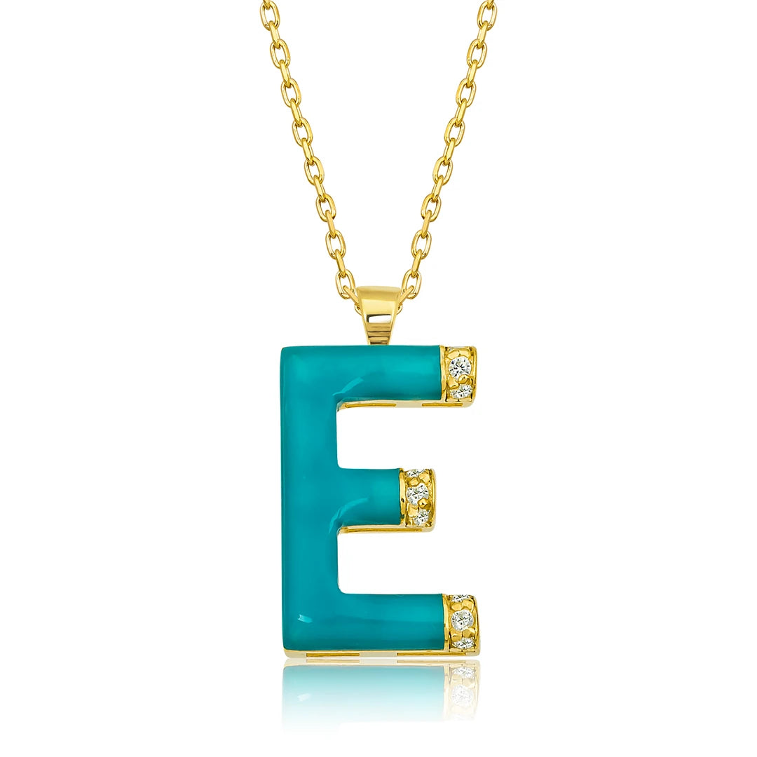 14K Gold Diamond Enamel Letter Necklace E