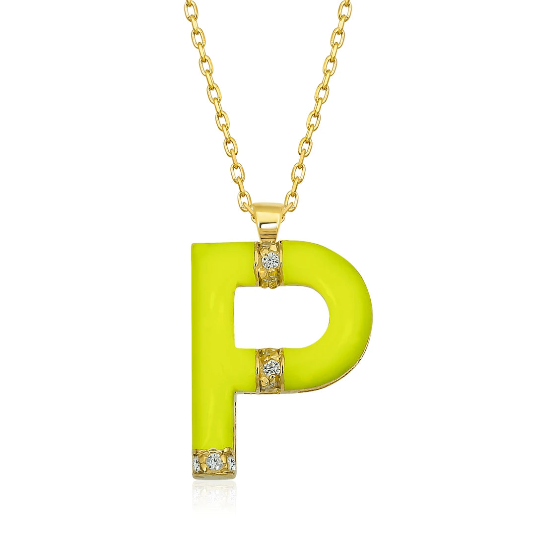 14K Gold Diamond Enamel Letter Necklace P