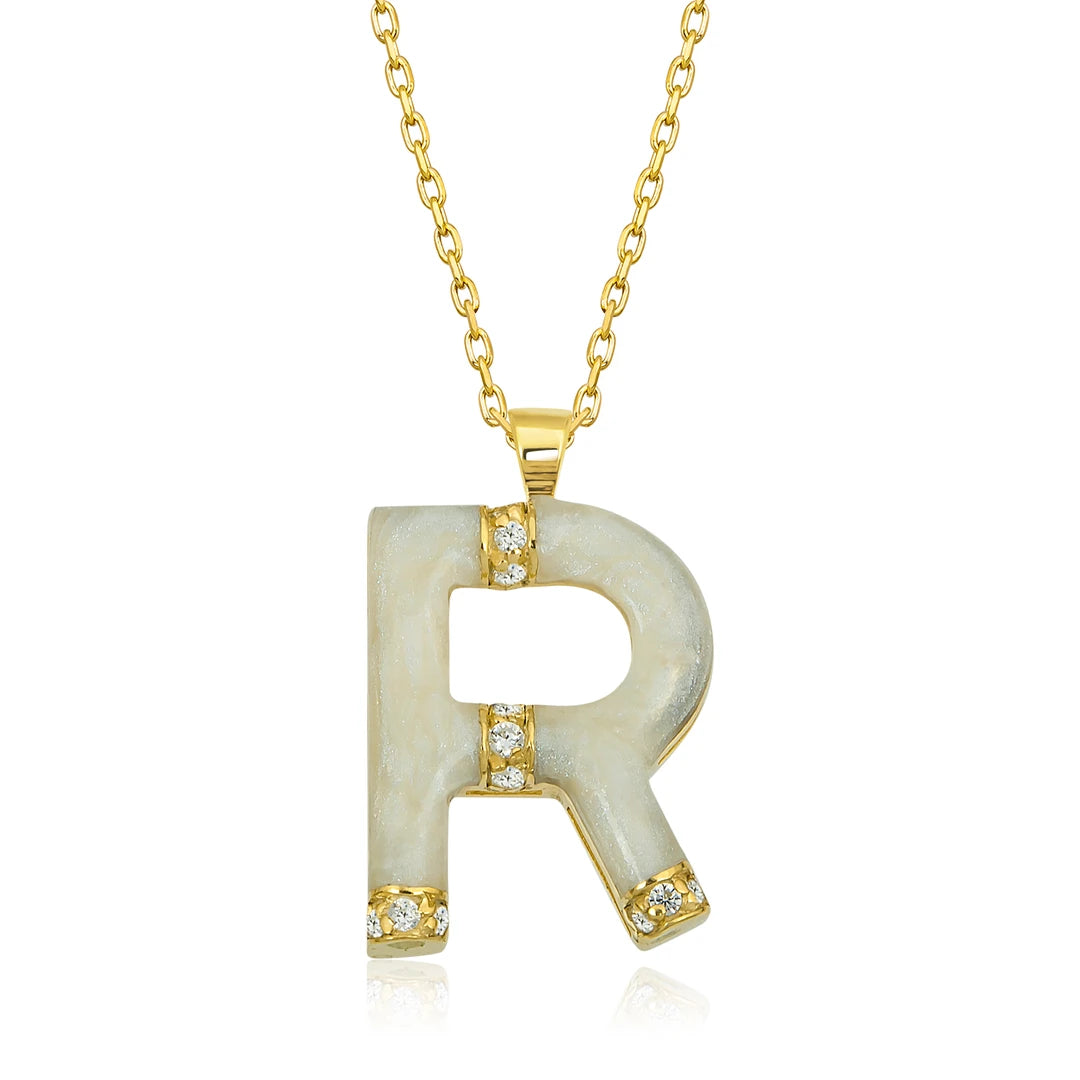 14K Gold Diamond Enamel Letter Necklace R