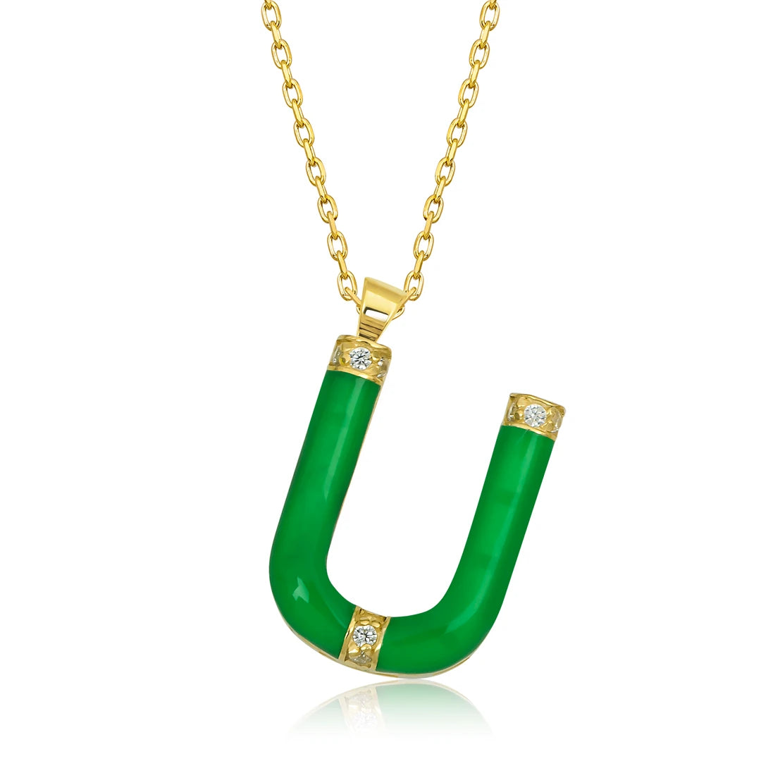 14K Gold Diamond Enamel Letter Necklace U