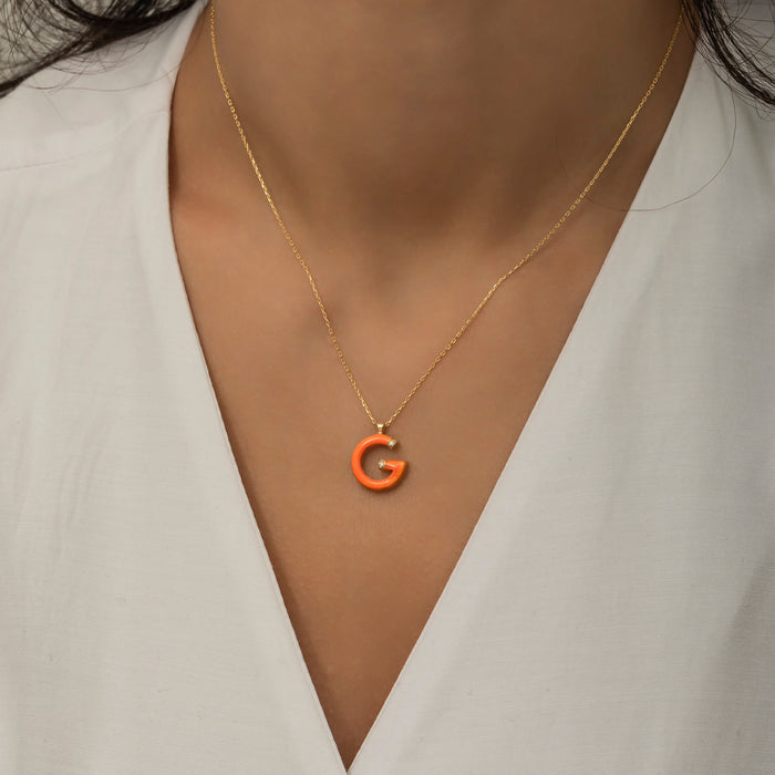 14k Gold Diamond Enamel Initial Necklace - Lureva