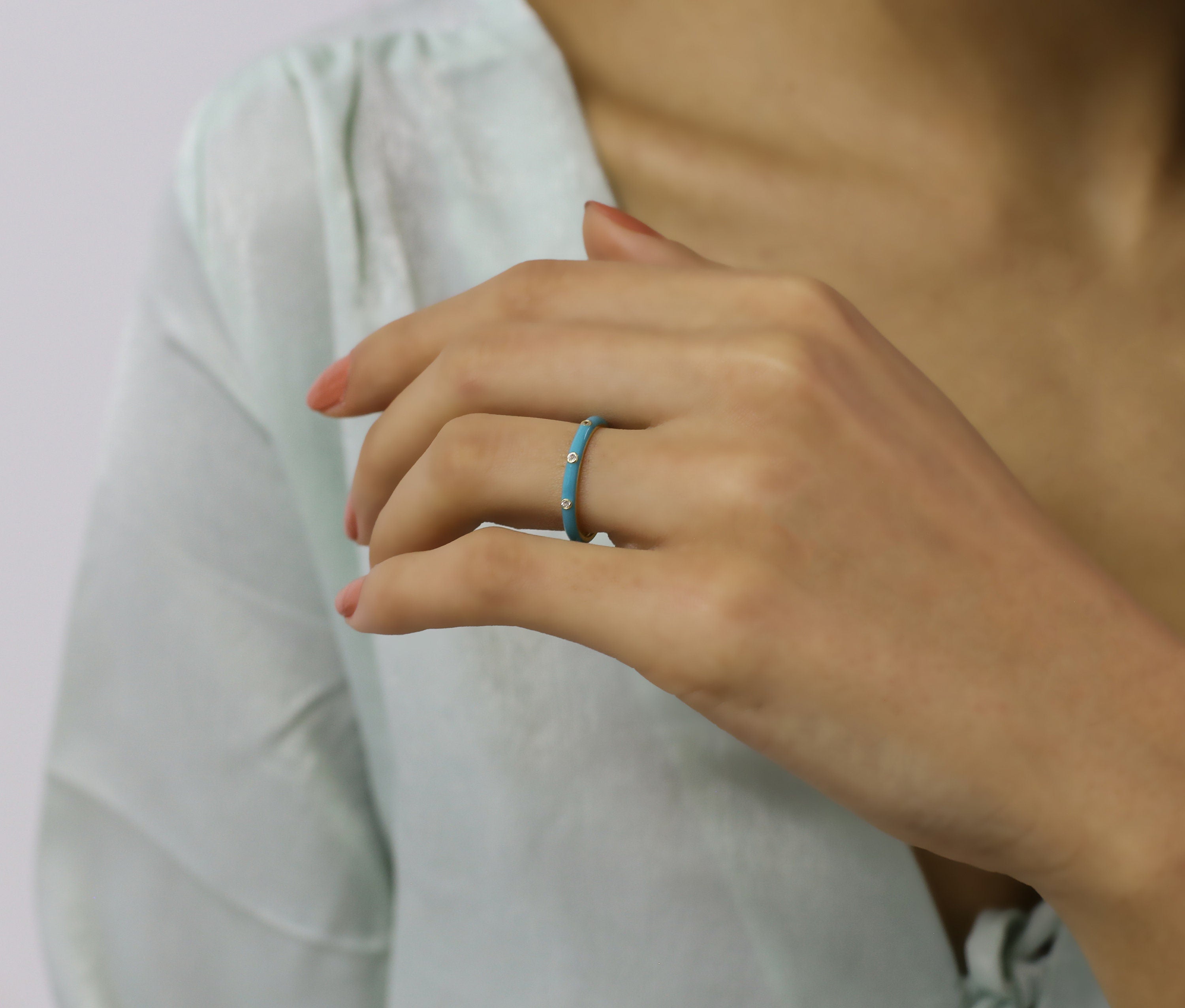 14K Gold Diamond Turquoise Enamel Ring/ Colourful Enamel Diamond Rings / Diamond Stackable Ring/ Birthday Gifts/ Christmas Gifts